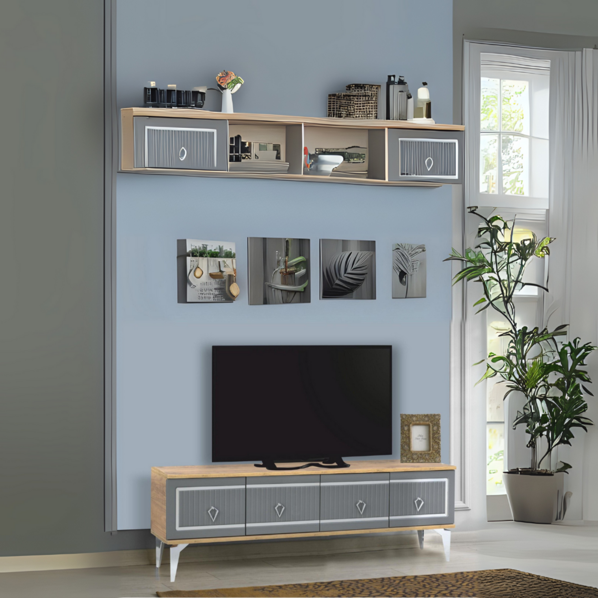 Vina Tv Sehpası Atlantik Çam Antrasit Gümüş Şeritli 4 Kapaklı Sehpa 160x36x50 Cm