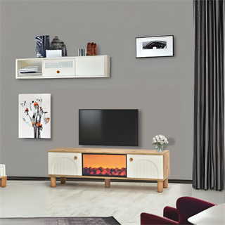 Lidya 2 Kapaklı Alev Efektli Şömineli Tv Sehpası – Ahşap Detaylı Atlantik Çam / Krem 150x50x36 Cm