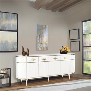 Maya Beyaz Gold Lüks Konsol 4 Kapaklı Şerit Detaylı Metal Ayaklı Tasarım 180x45x84 Cm