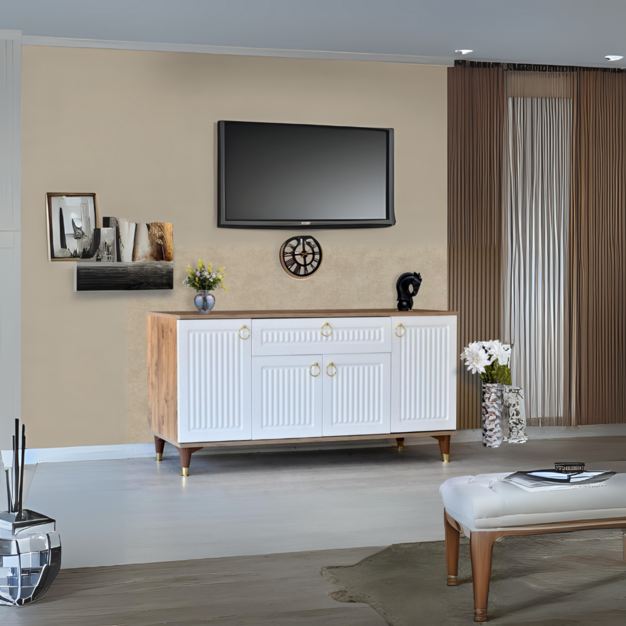 Arya Konsol 4 Kapaklı 1 Çekmeceli Beyaz Atlantik Çam Gold Detaylı 160x80x44 Cm