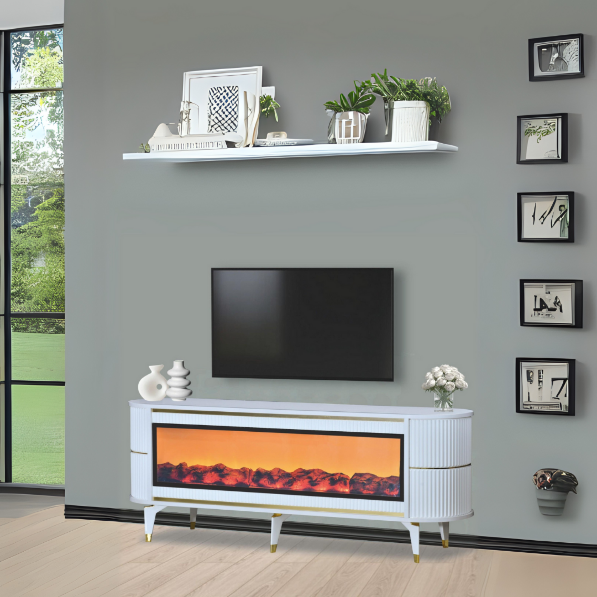 Dekoratif Şömineli TV Sehpası Uygulamalı 7 Renk Hoparlörlü Beyaz altın detaylı160x67x40 cm