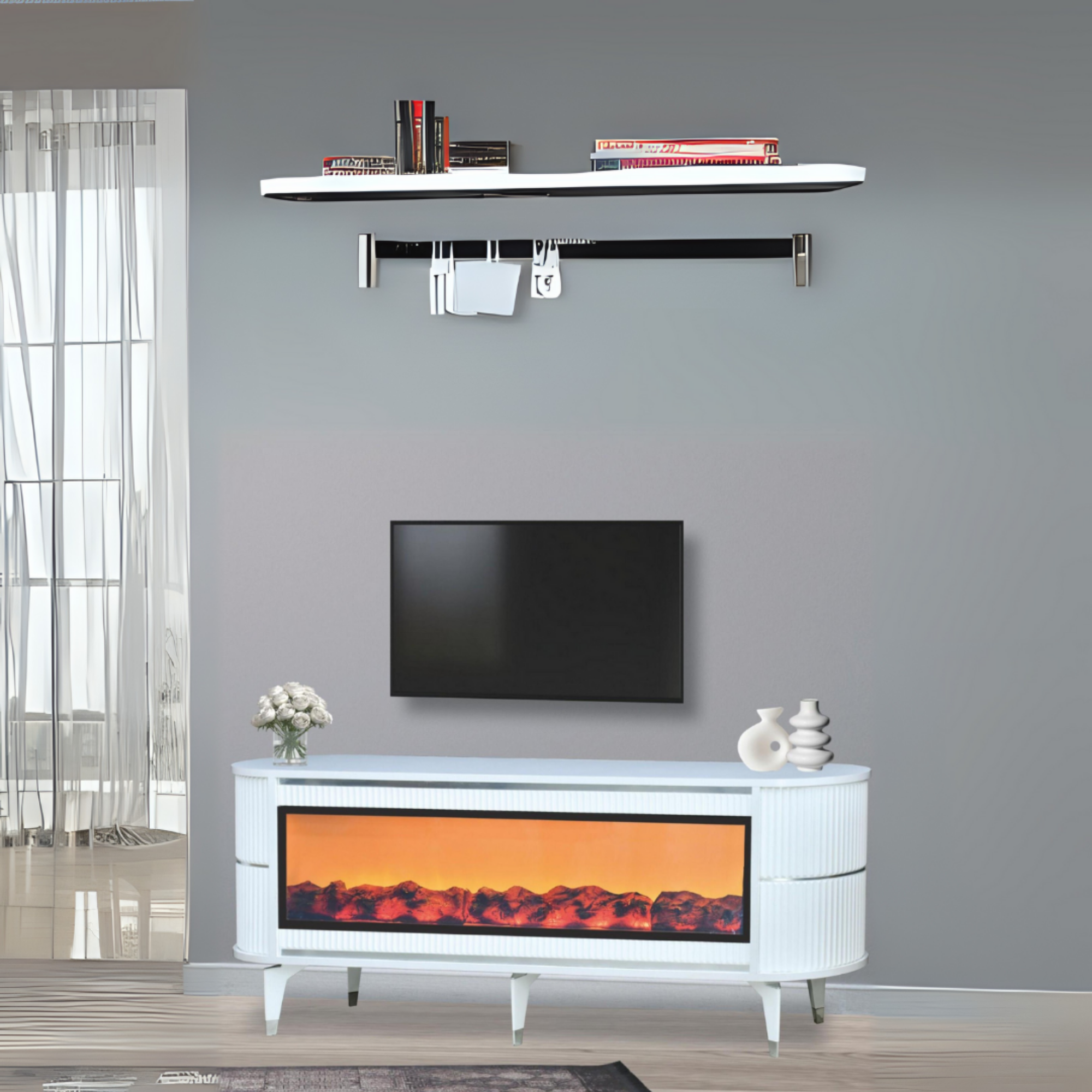 Dekoratif Şömineli TV Sehpası Uygulamalı 7 Renk Hoparlörlü Beyaz Gümüş 160x67x40 cm