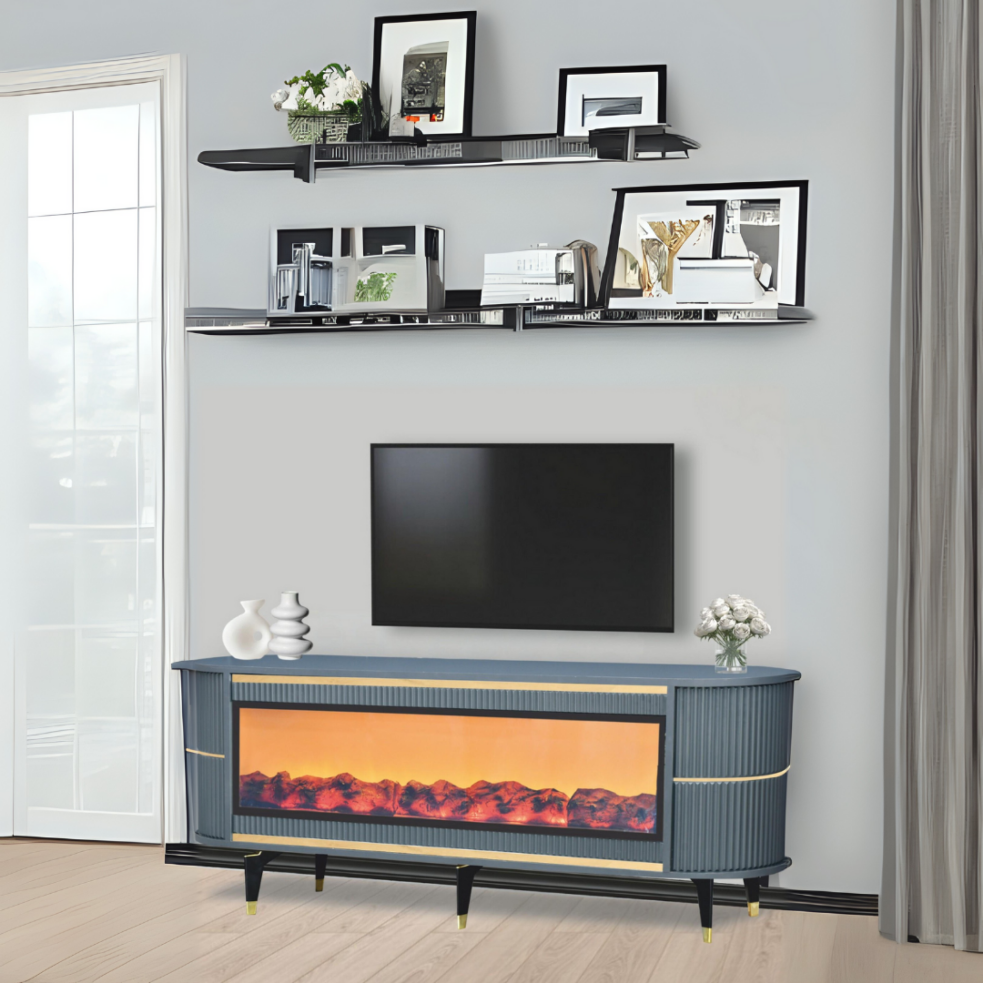 Dekoratif Şömineli TV Sehpası Uygulamalı 7 Renk Hoparlörlü Antrasit gold detayılı 160x67x40 cm