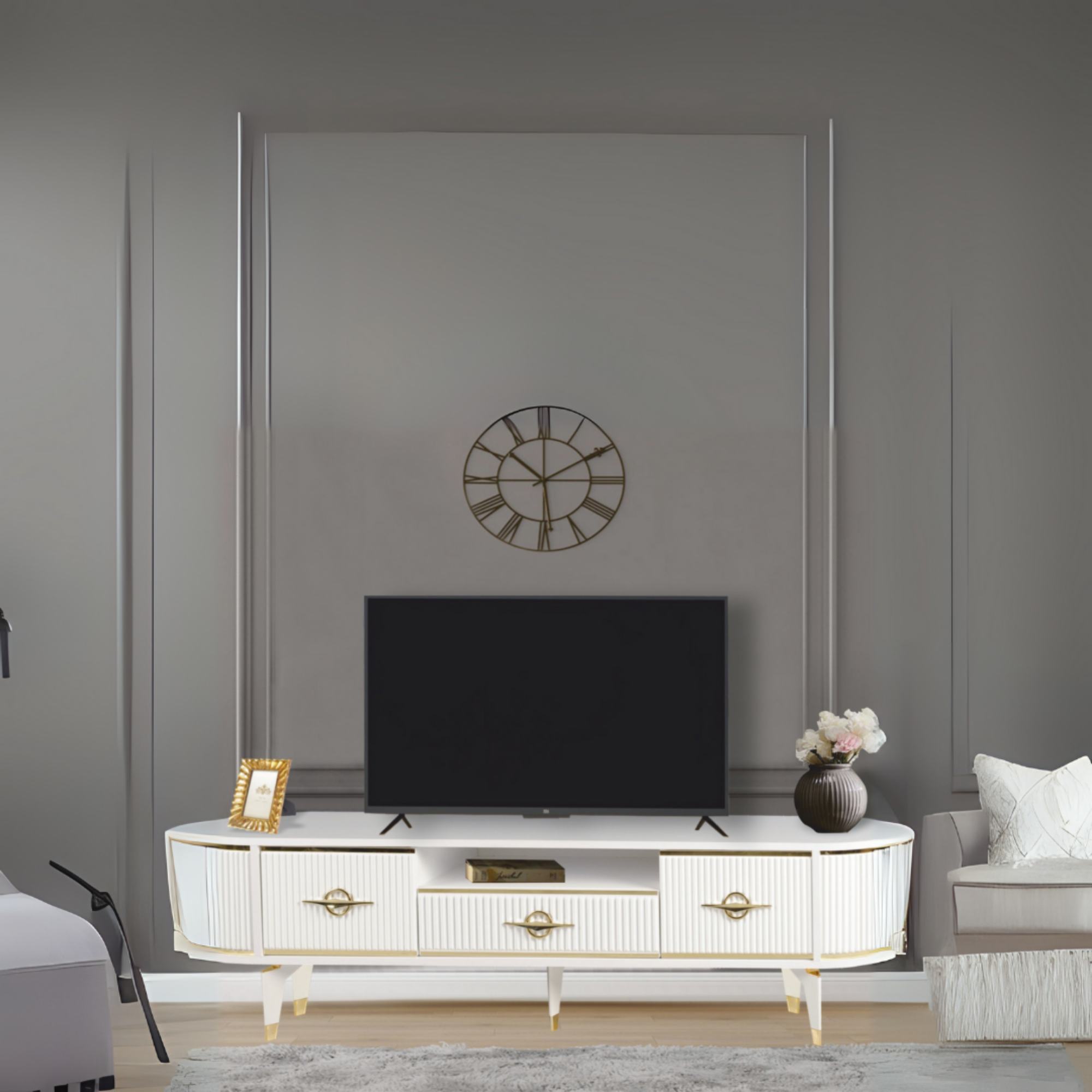 Duru Tv Sehpası Beyaz Gold 2 Kapaklı 1 Çekmeceli Oval Detaylı Sehpa 180x40x53 Cm