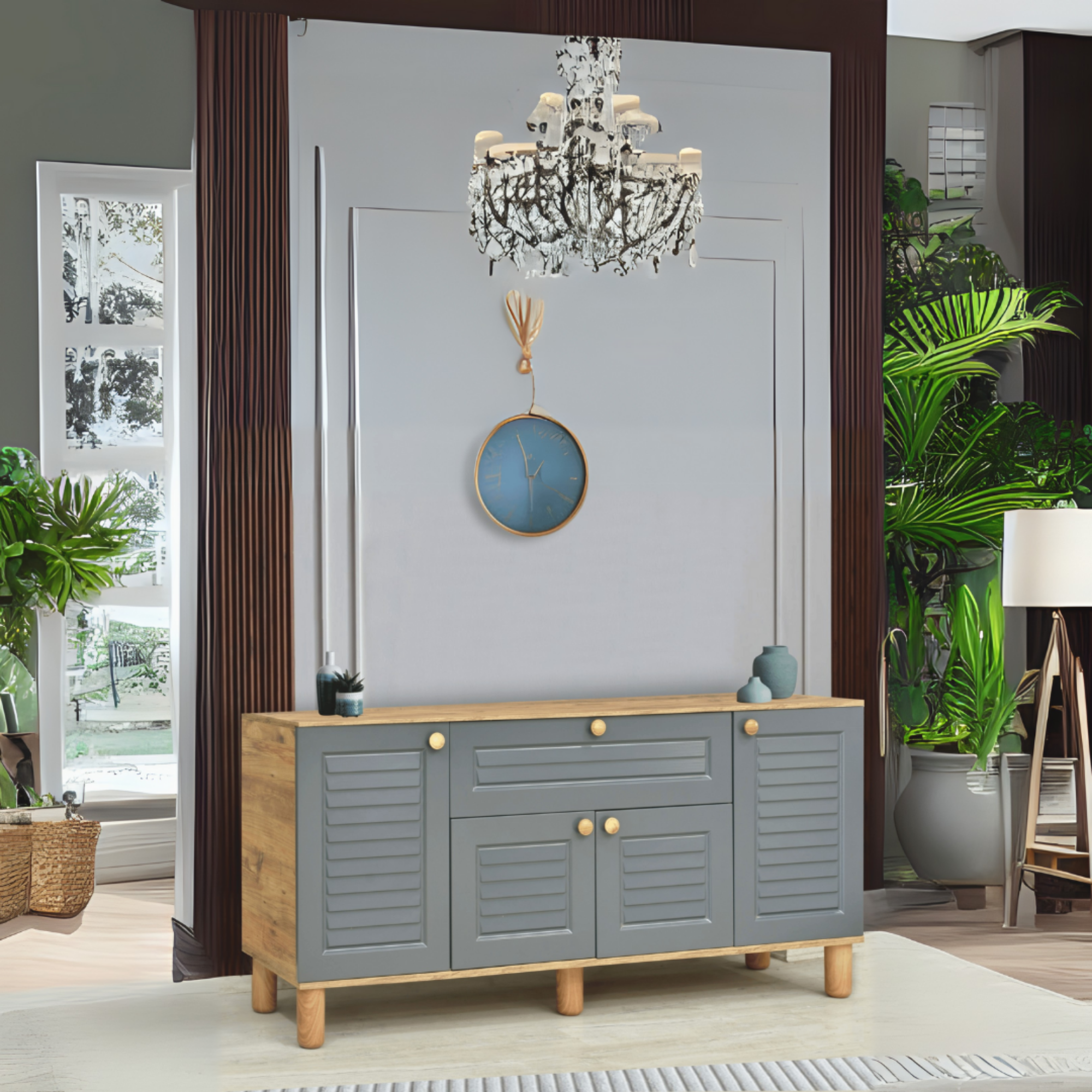 Helena Konsol Atlantik Çam Antrasit4 Kapaklı 1 Çekmeceli Ahşap Detaylı 160x80x44 Cm