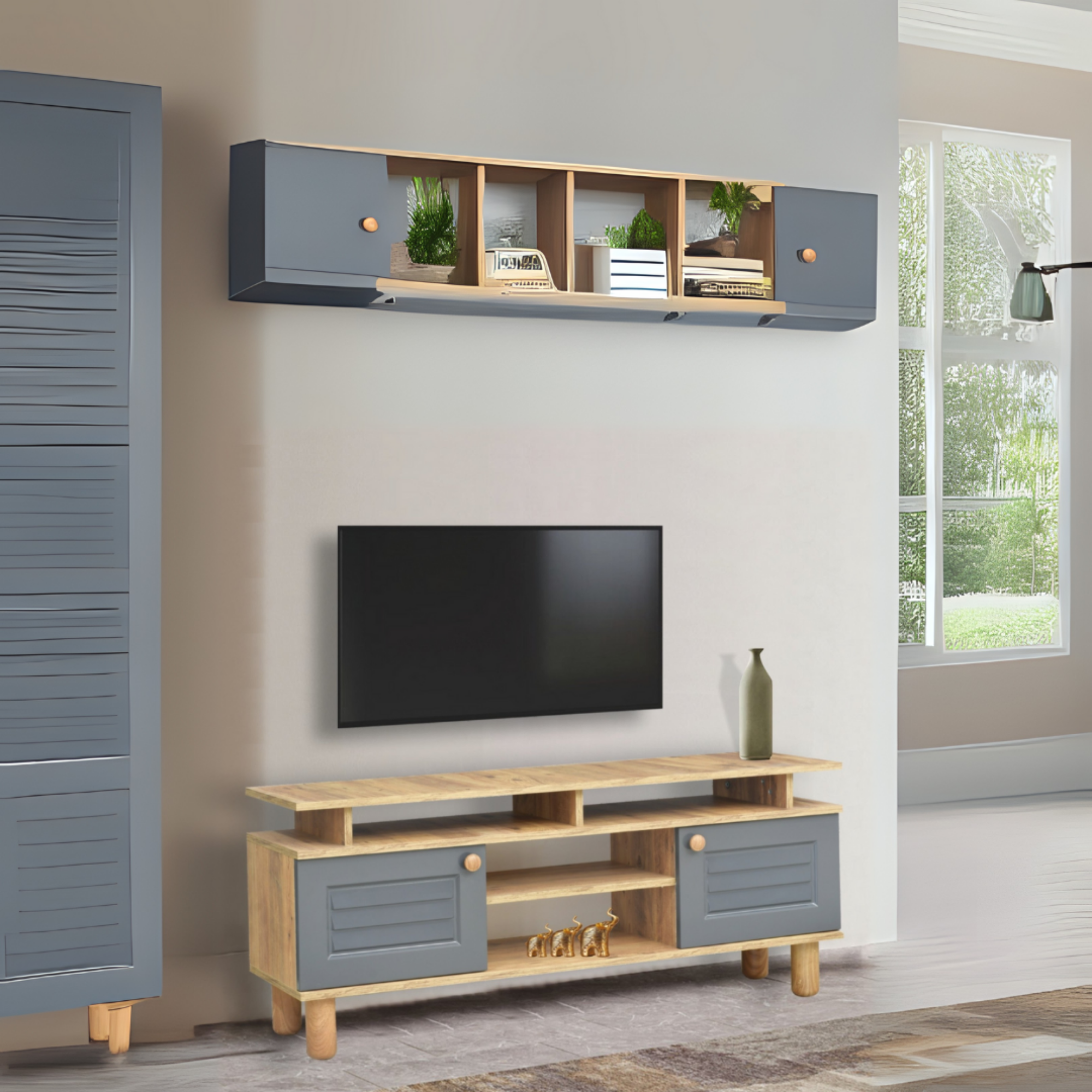 Helena Tv Sehpası Atlantik Çam Antrasit 2 Kapaklı Açık Raflı Bölmeli Tasarım 140x36x60 Cm