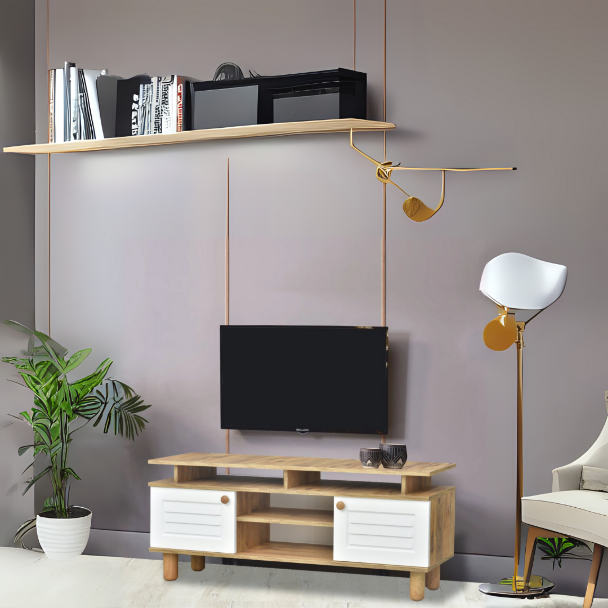 Helena Tv Sehpası Beyaz 2 Kapaklı Açık Raflı Ahşap Görünümlü Atlantik Çam 140x60x36 Cm