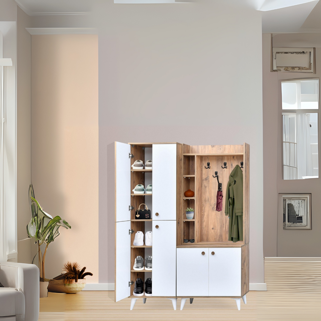 İnci Atlantik Çam Beyaz Portmanto Takımı  Raflı 4 Kapaklı Askılık Ve Ayakkabılık 140x37x195 Cm
