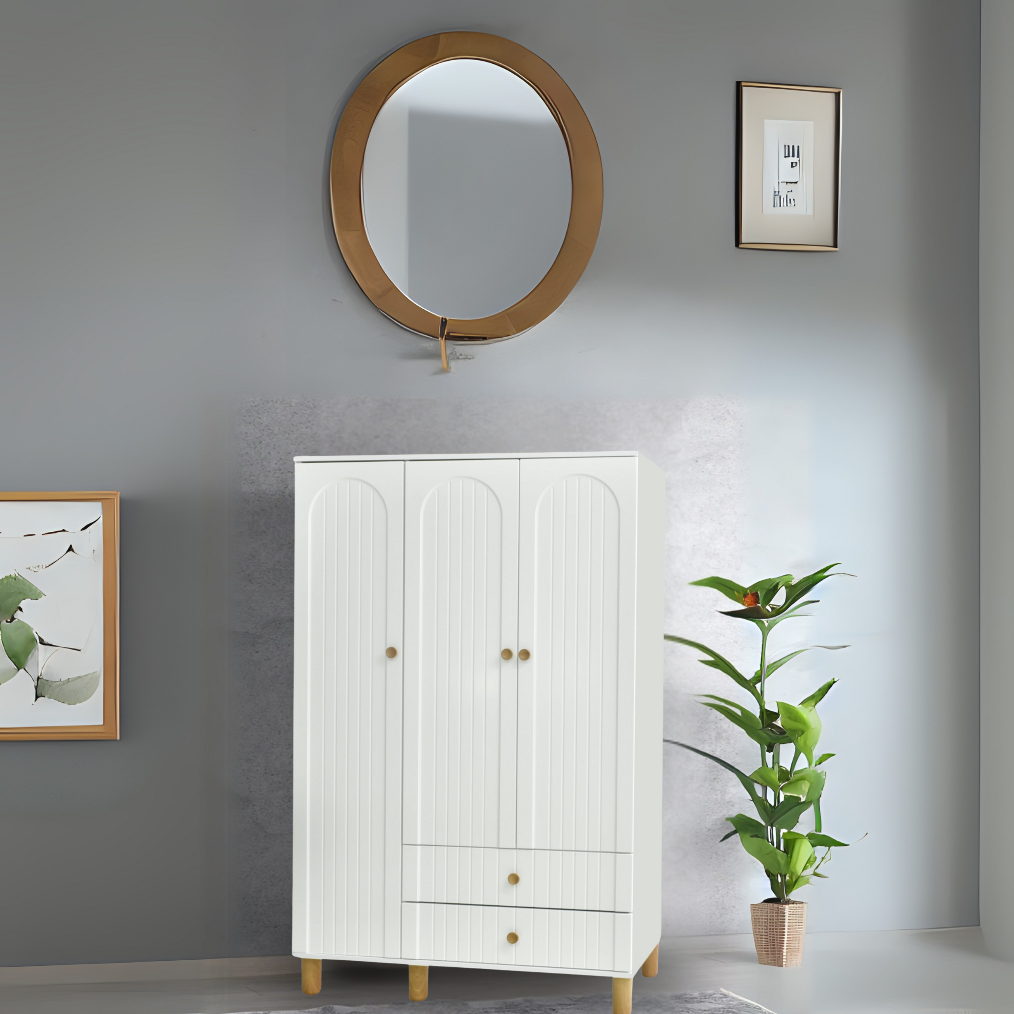 Lidya 3 Kapılı Gardırop Beyaz Askılıklı Raflı Çekmeceli Dolap 120x50x195 cm