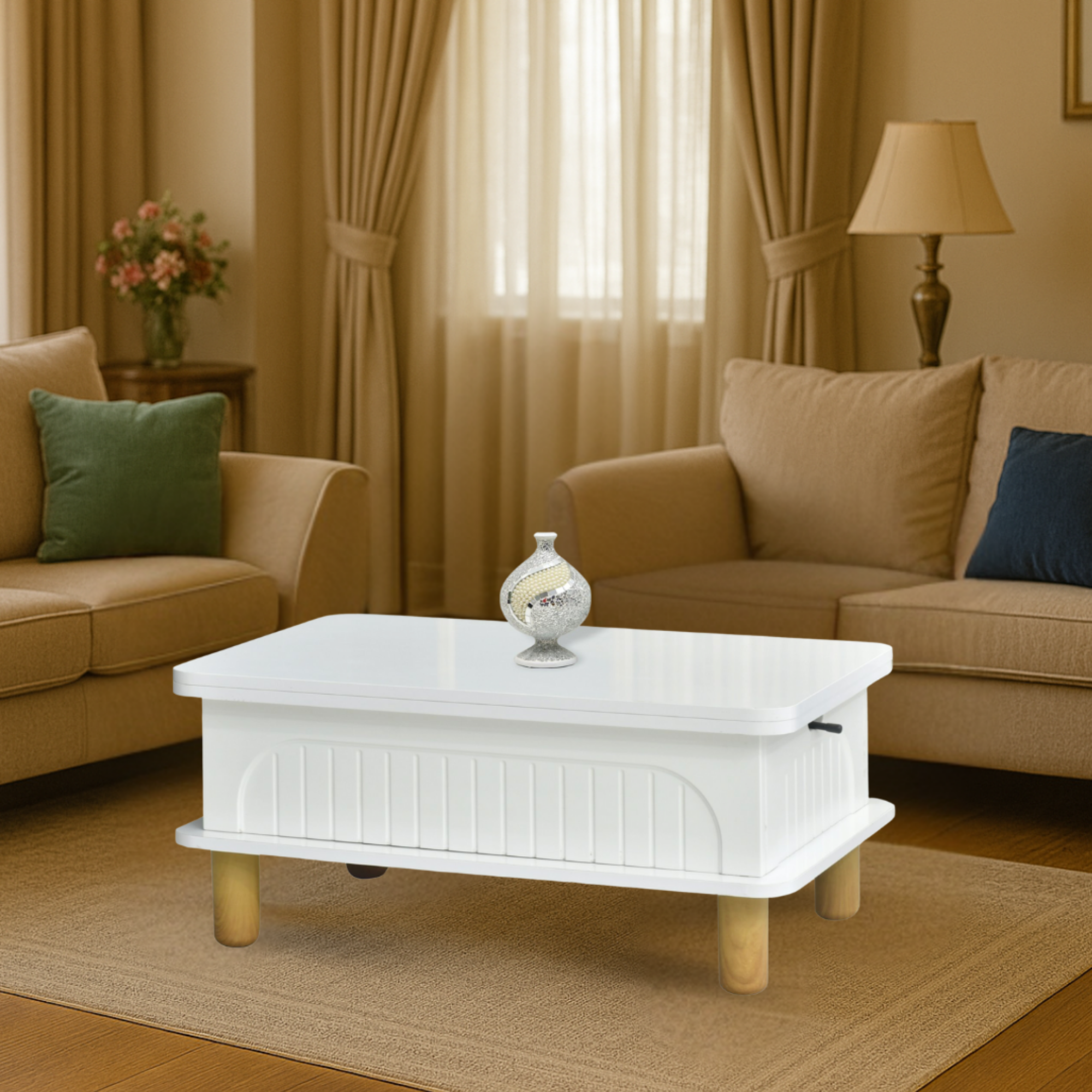 Lidya Akıllı Sehpa Beyaz Renkli Açılır Kapanır 4 Fonksiyonlu Mebran Tasarım 90x60 Cm