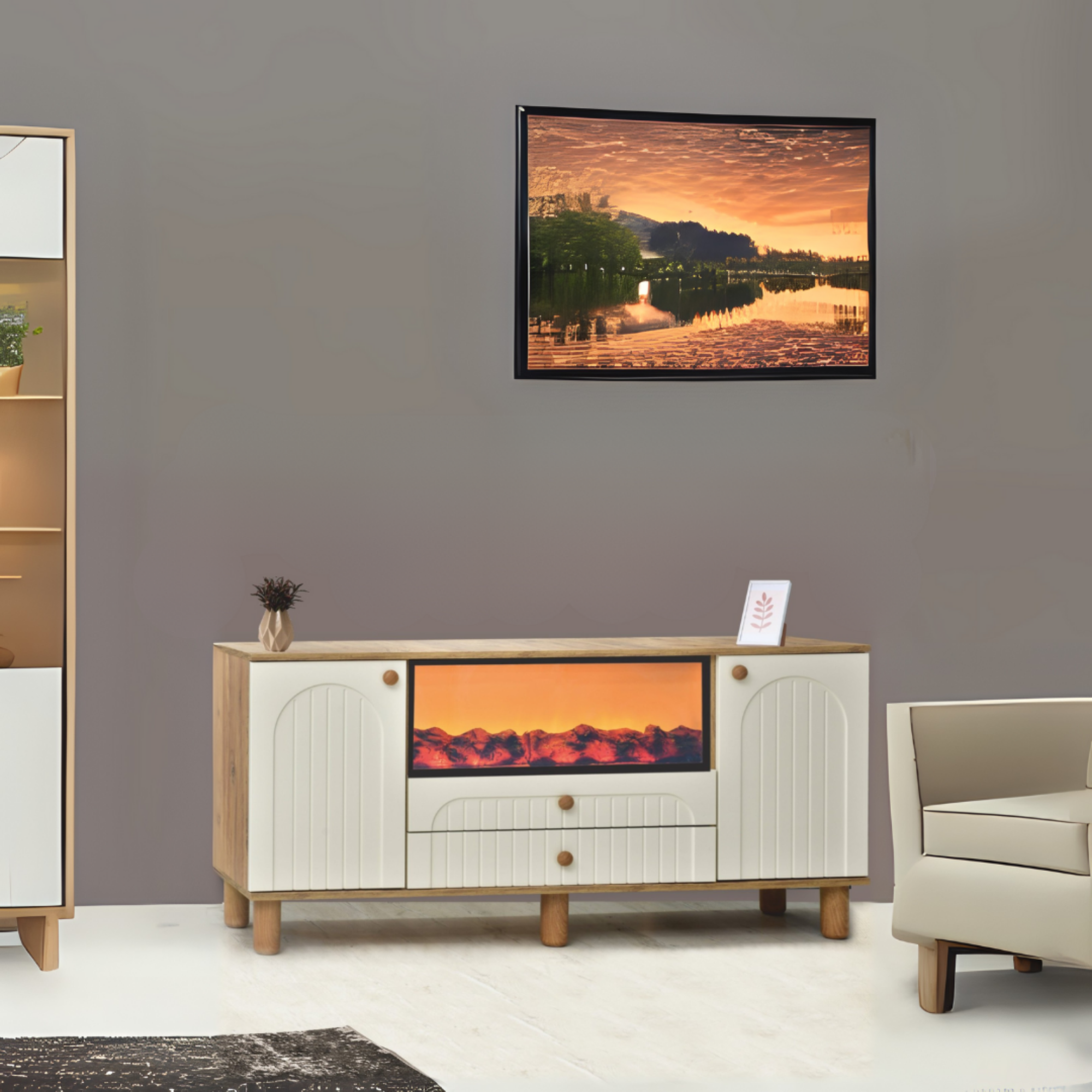 Lidya Şömineli Konsol 2 Kapaklı 2 Çekmeceli Atlantik Çam Krem Alev Efektli 160x80x44 Cm