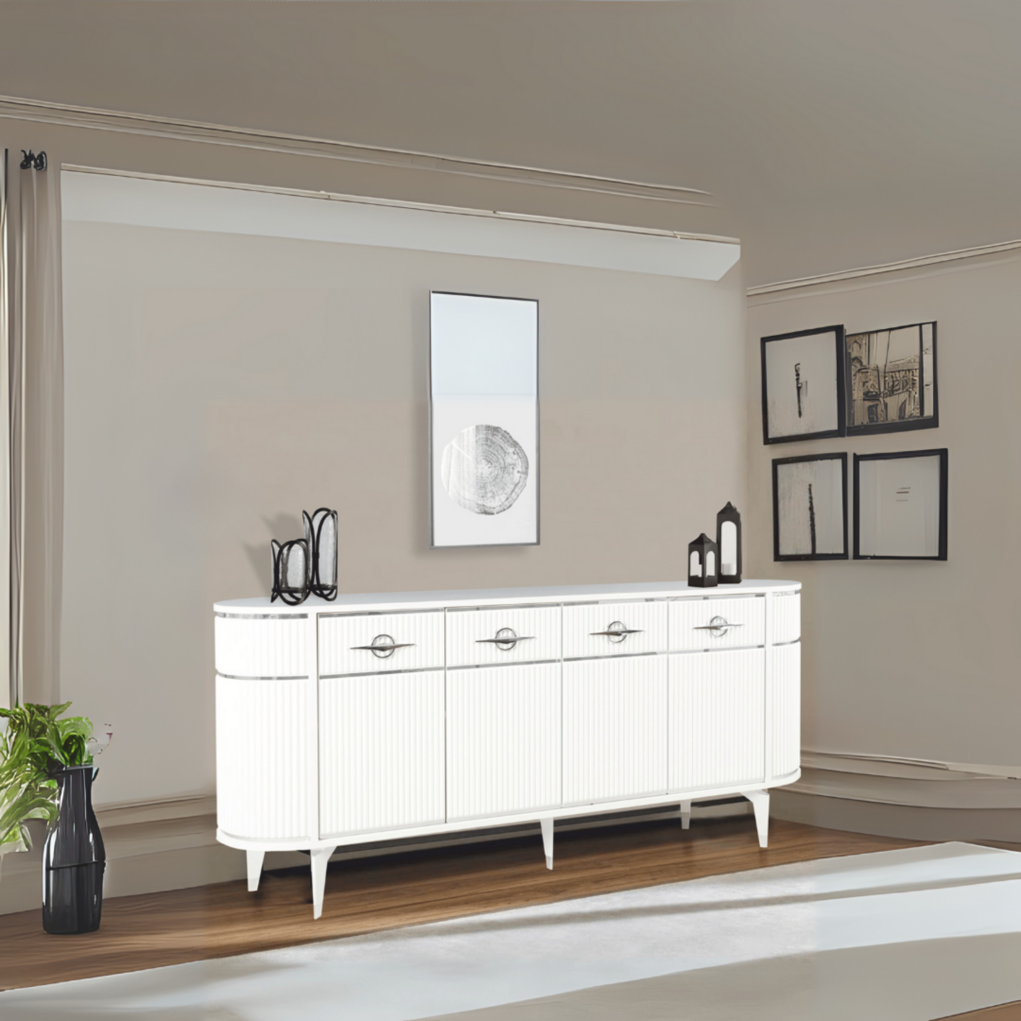 Maya 4 Kapaklı Gümüş Detaylı Konsol – Beyaz Renkli Oval Model | 180x45x84 Cm