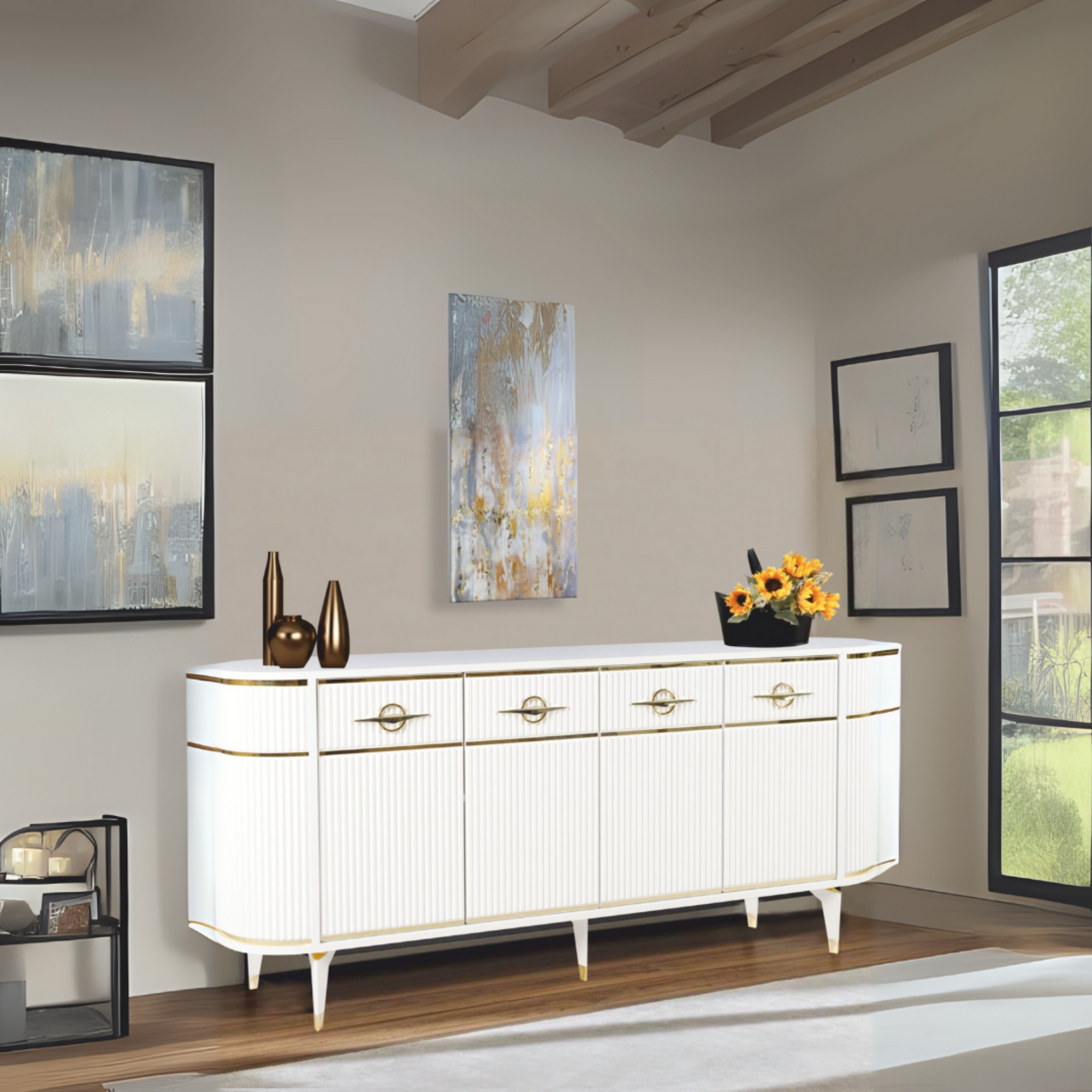 Maya Beyaz Gold Lüks Konsol 4 Kapaklı Şerit Detaylı Metal Ayaklı Tasarım 180x45x84 Cm
