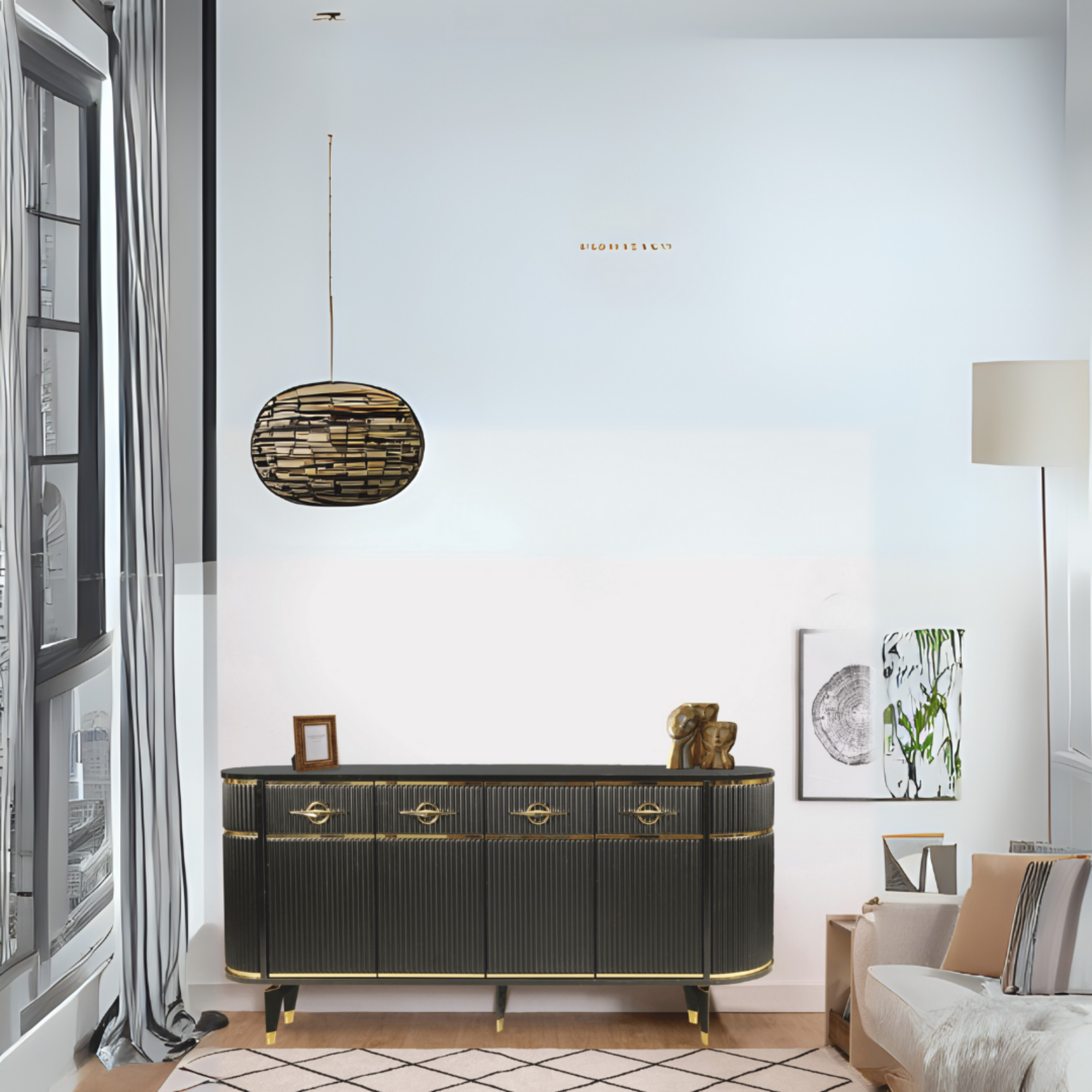Maya Siyah Gold Lüks Konsol 4 Kapaklı Şerit Detaylı Metal Ayaklı Tasarım 180x45x84 Cm