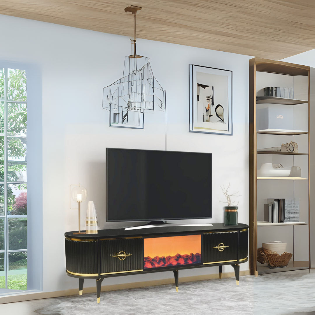 Maya Şömineli Tv Sehpası Siyah Gold 2 Kapaklı 1 Şömineli Oval Tasarım 180x40x50 Cm