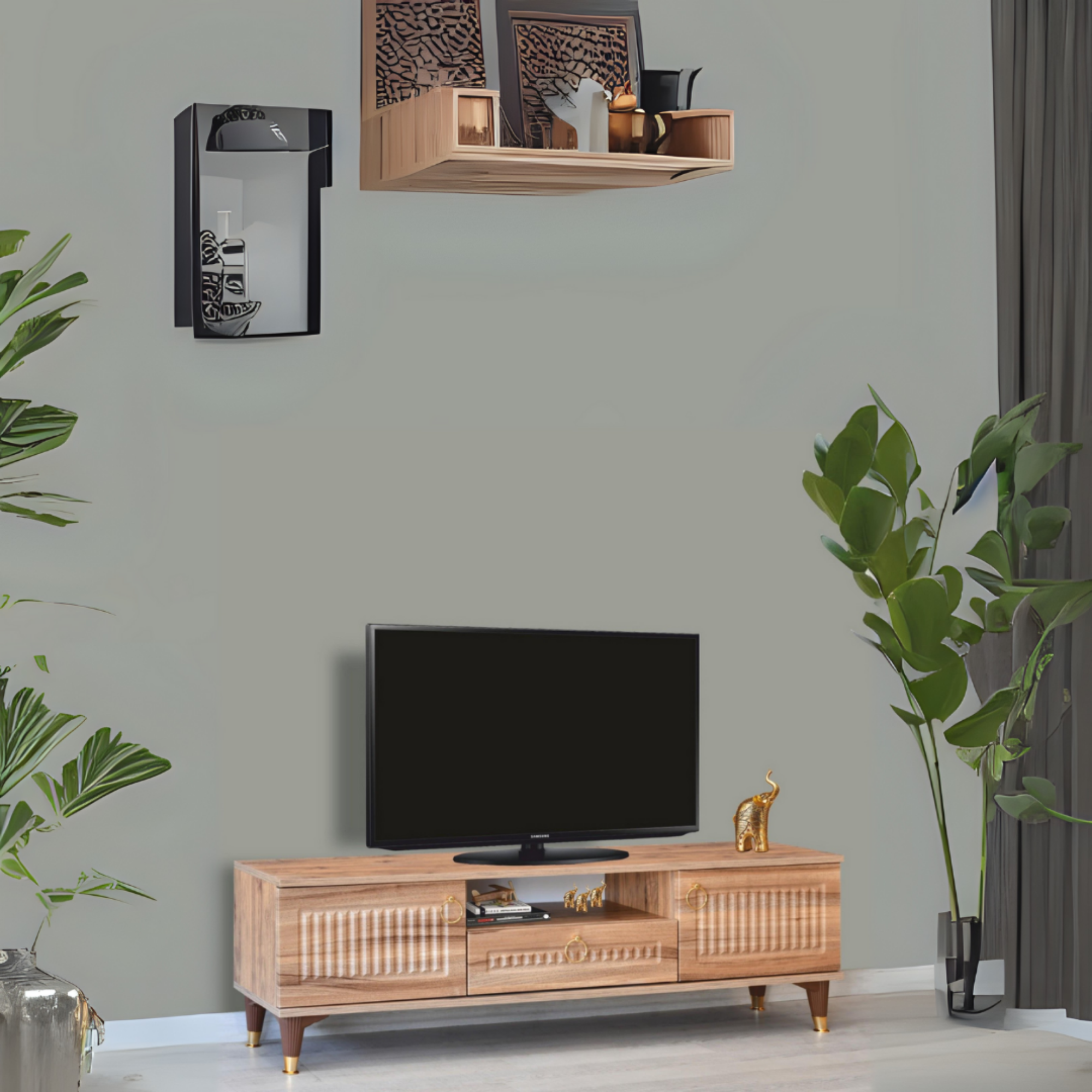 Mindy Tv Sehpası Atlantik Çam 2 Kapaklı 1 Çekmeceli Gold Halkalı Kulplu 160x36x50 Cm