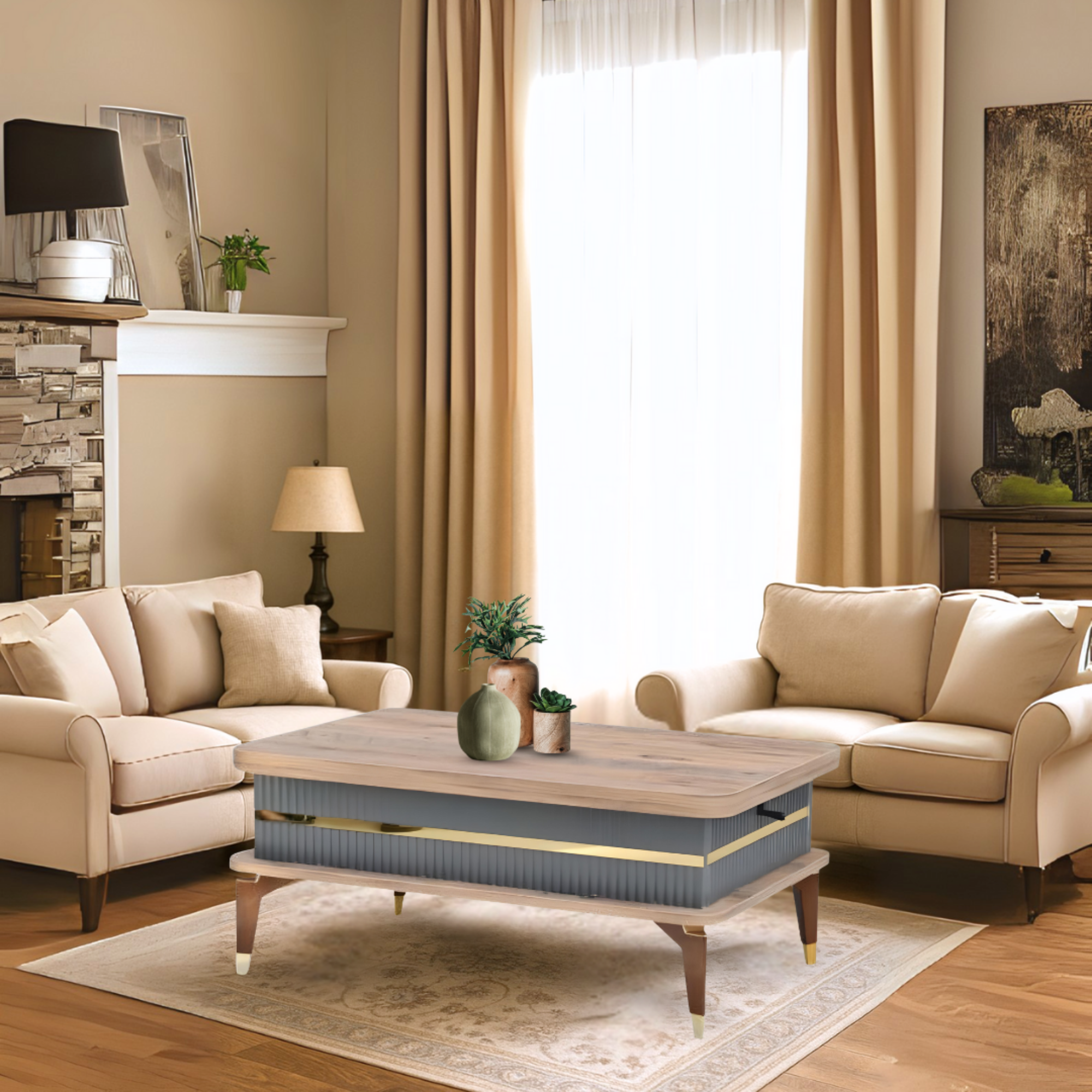Riva Akıllı Sehpa Atlantik Çam Antrasit Gold Açılır Kapanır Fonksiyonel Sehpa 90x60 Cm