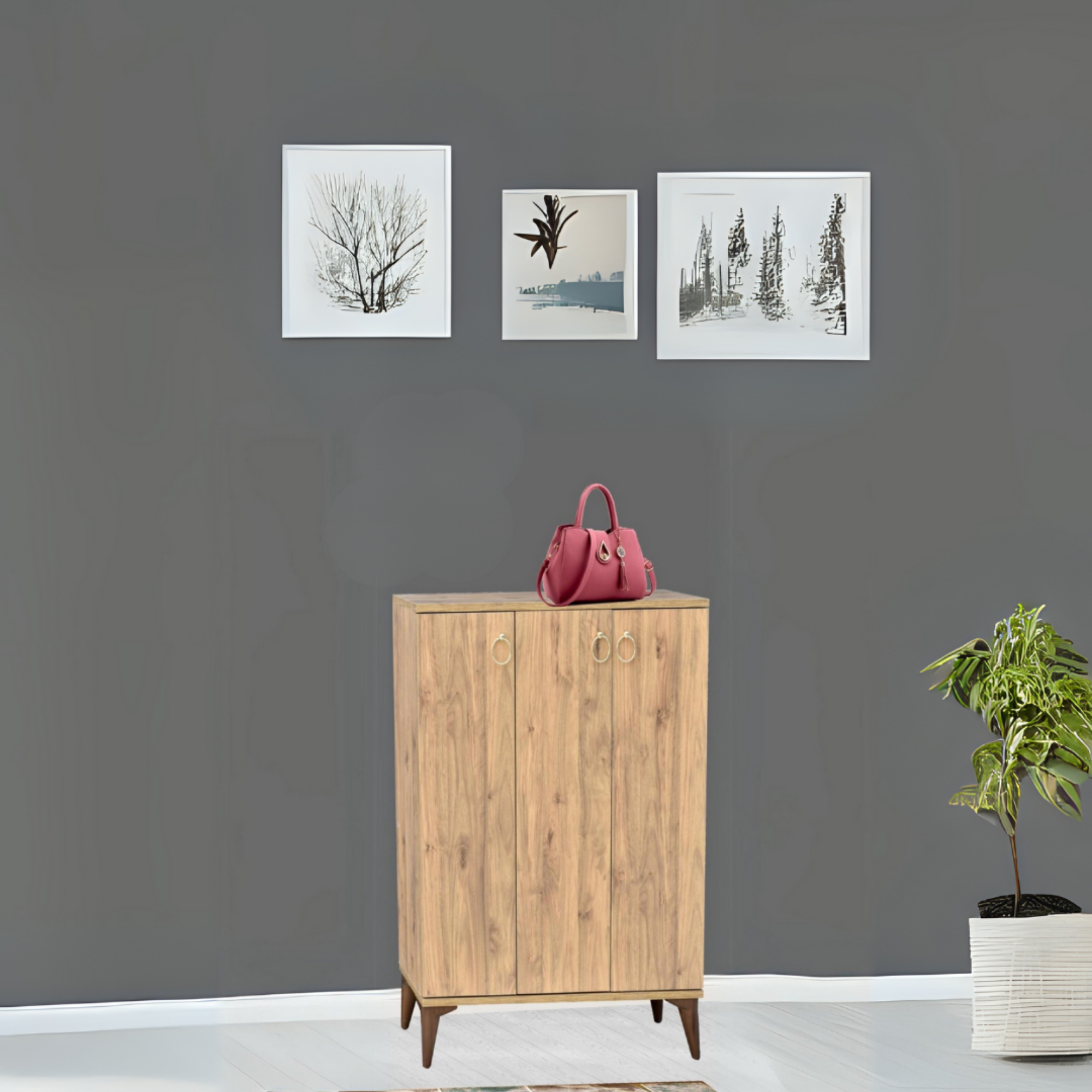 Sinbo Ayakkabılık Atlantik Çam 3 Kapaklı Raflı Yüksek Ayaklı Çok Gözlü Ayakkabı Dolabı 90x34x105 Cm