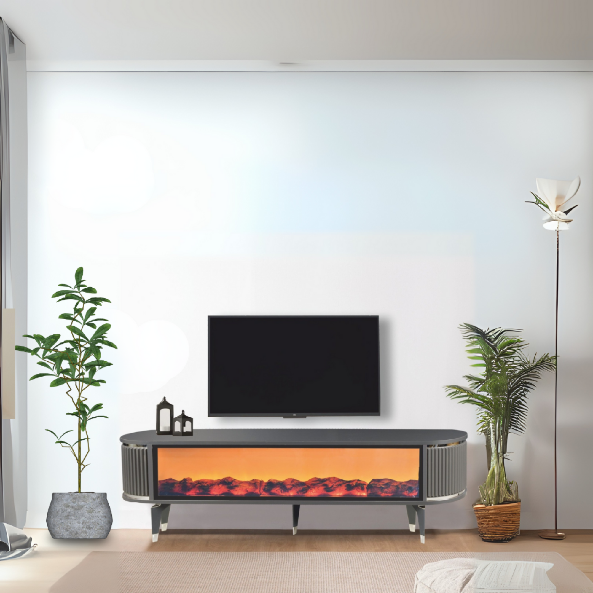 Talia Şömineli Tv Sehpası Antrasit Gümüş Mebran Oval 7 Renk Efektli Uygulamalı 160x40x50 Cm