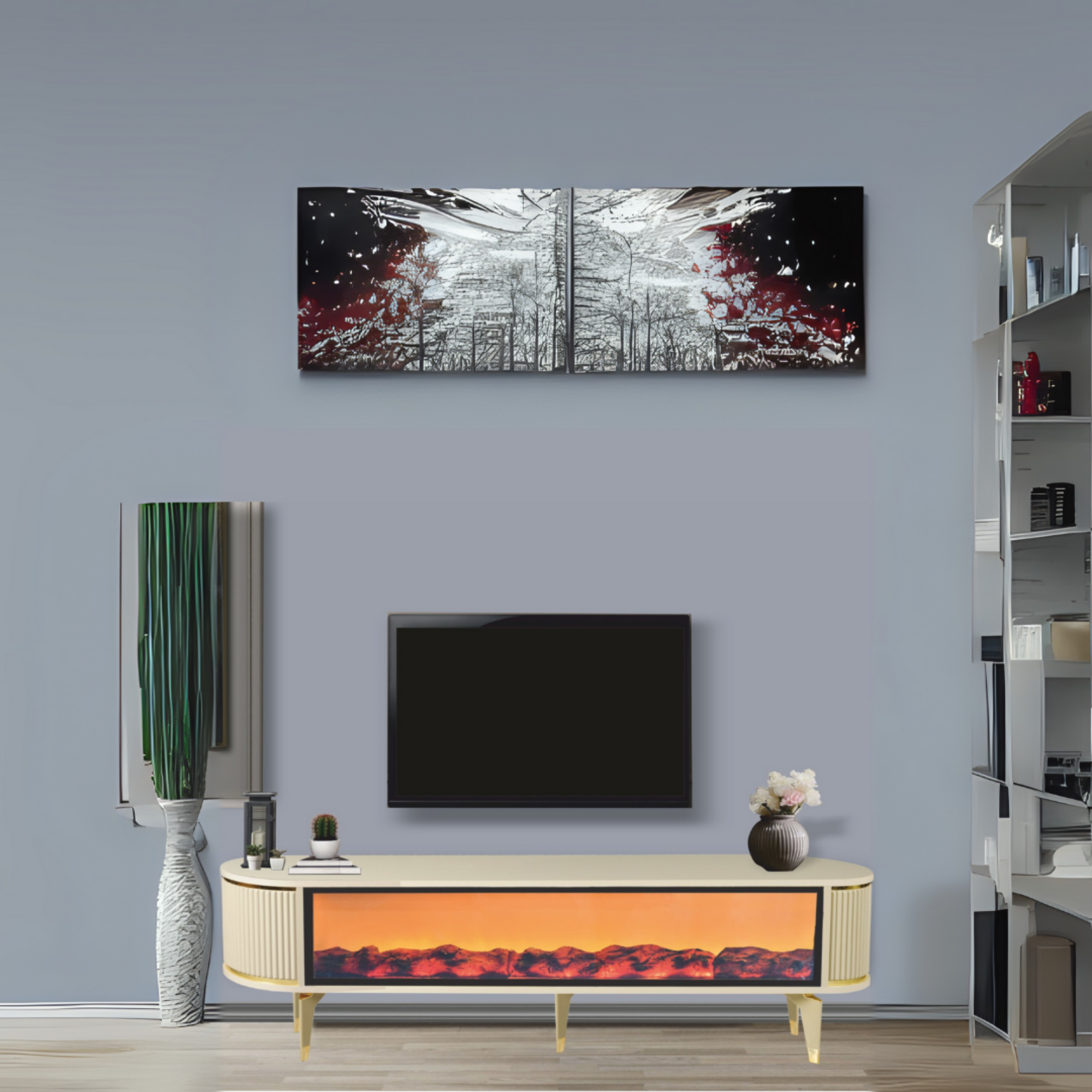 Talia Şömineli Tv Sehpası Cappuccino Gold Oval Bluetooth Hoparlörlü 7 Renk Efektli 160x40x50 Cm
