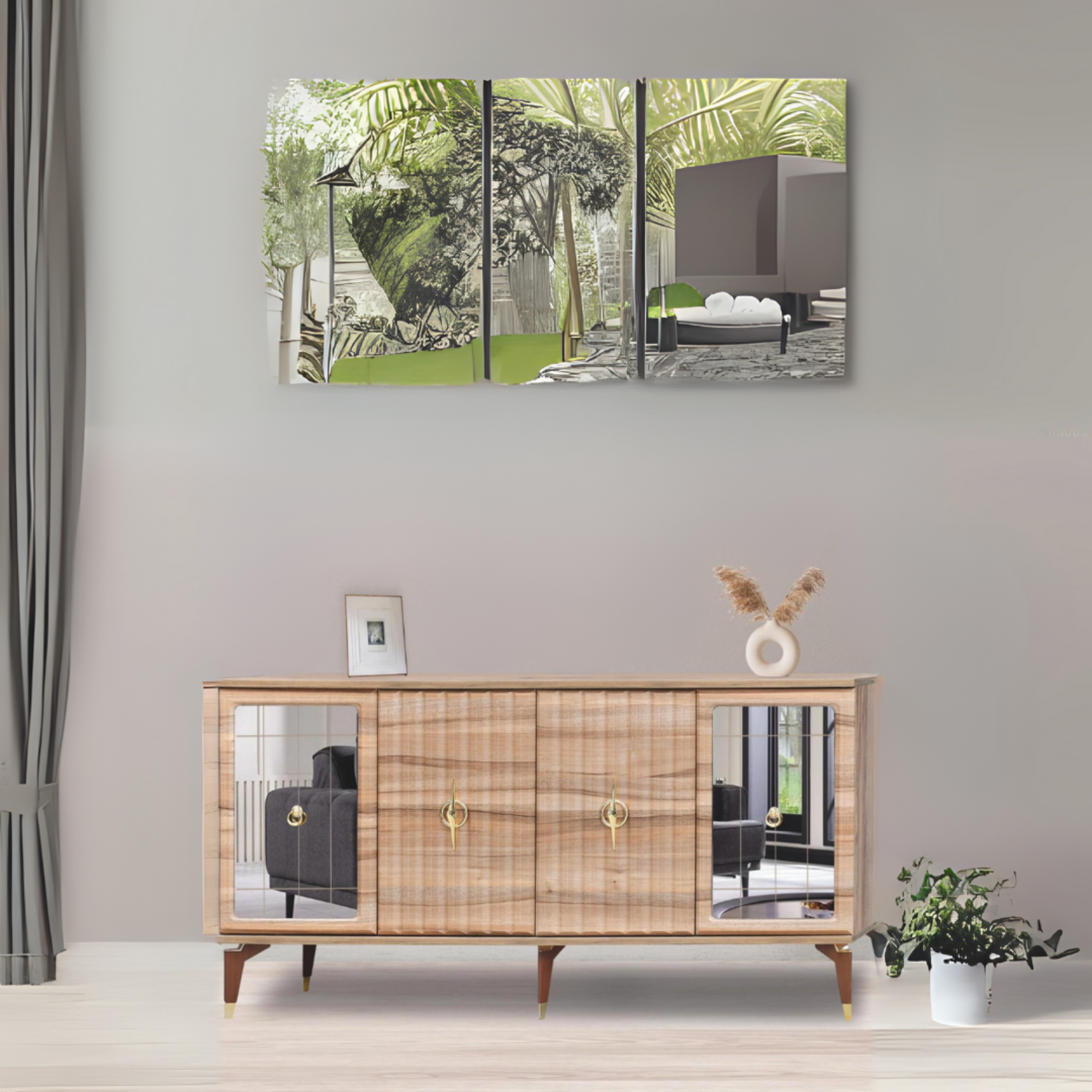 Tuna Konsol Atlantik Çam Yanları Aynalı Gold Halkalı Kulplu 4 Kapaklı Konsol 160x44x82 cm