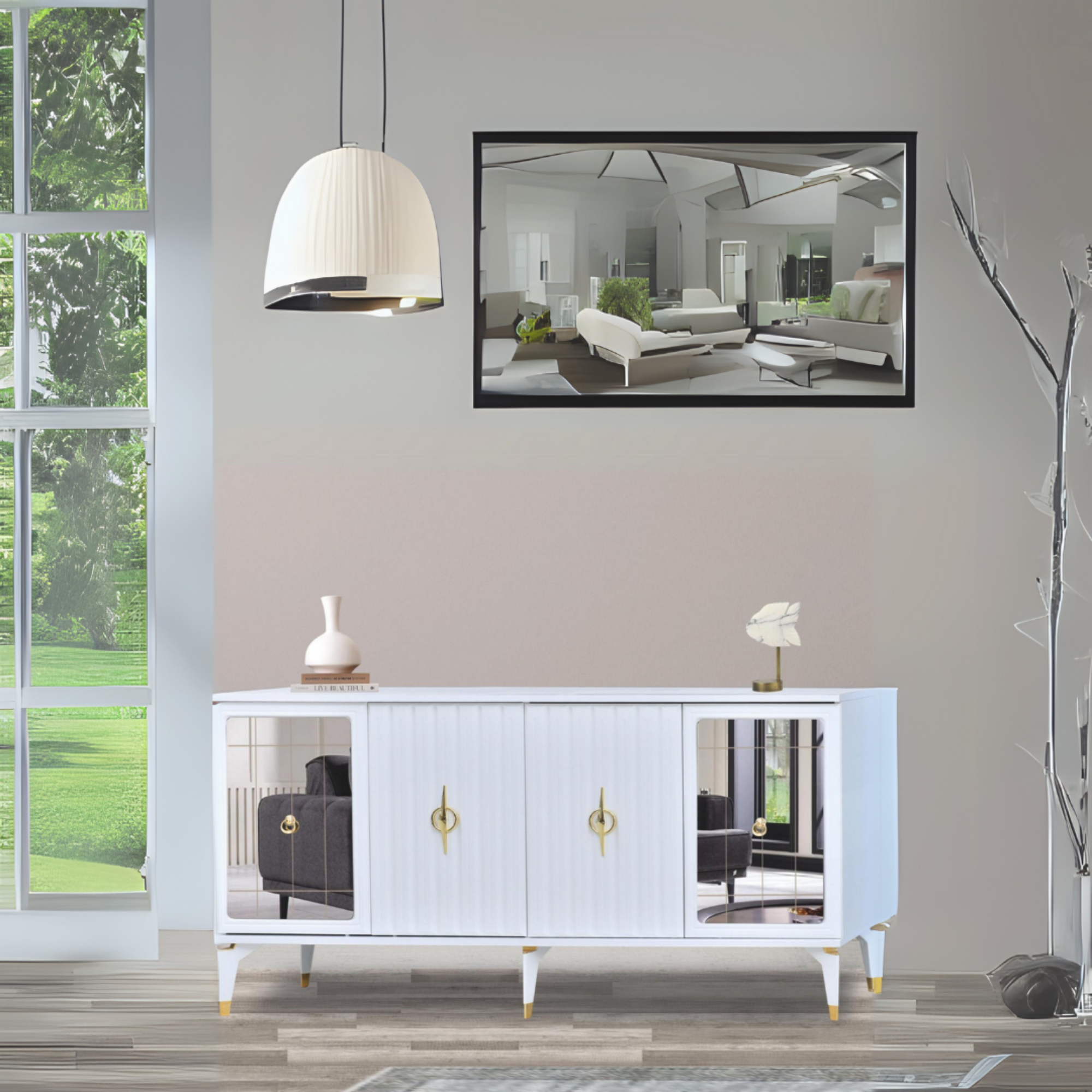 Tuna Konsol Beyaz Yanları Aynalı Gold Halkalı Kulplu 4 Kapaklı Konsol 160x44x82 cm
