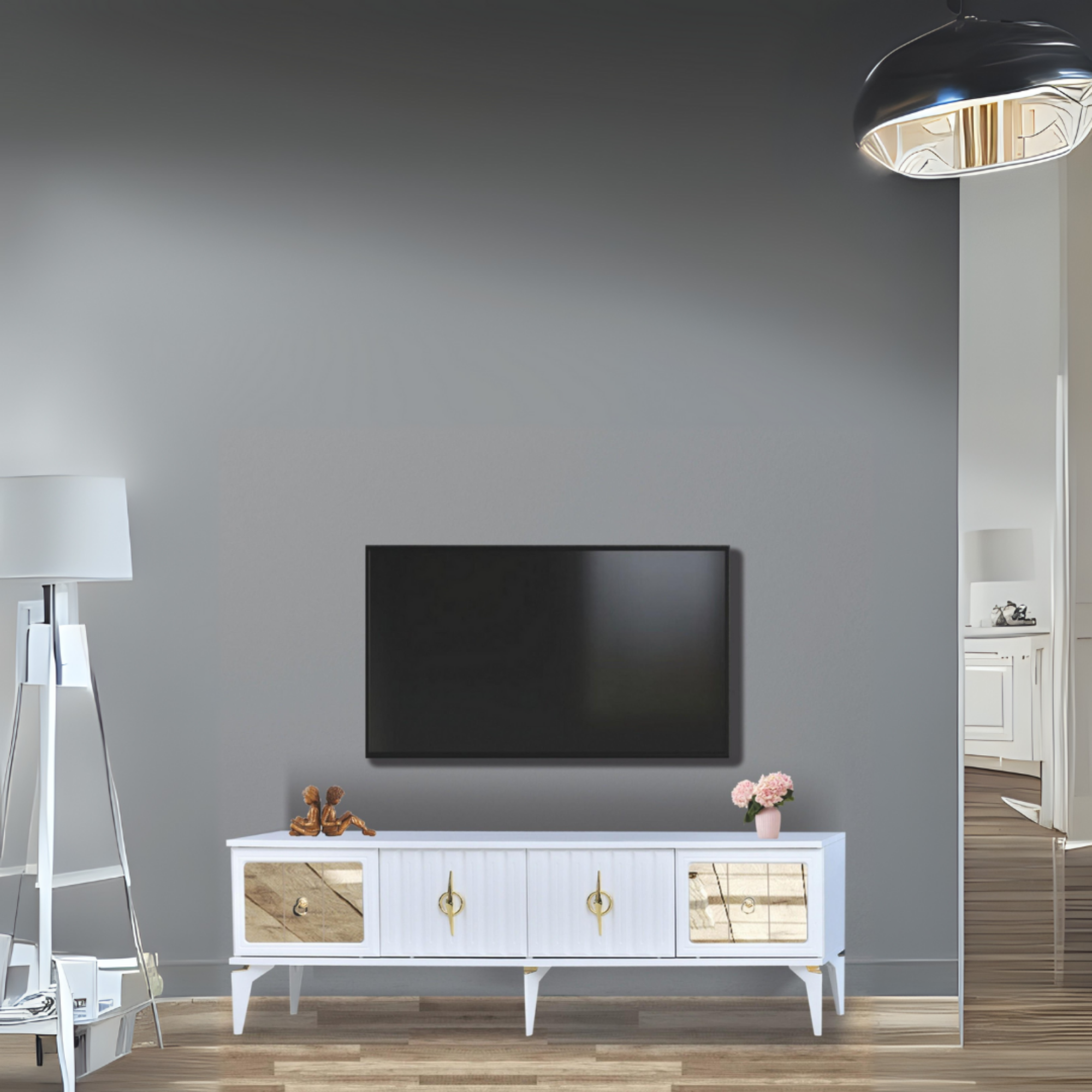 Tuna Tv Sehpası Beyaz 4 Kapaklı Ayna Detaylı Altın Kulplu 160x52x36 Cm