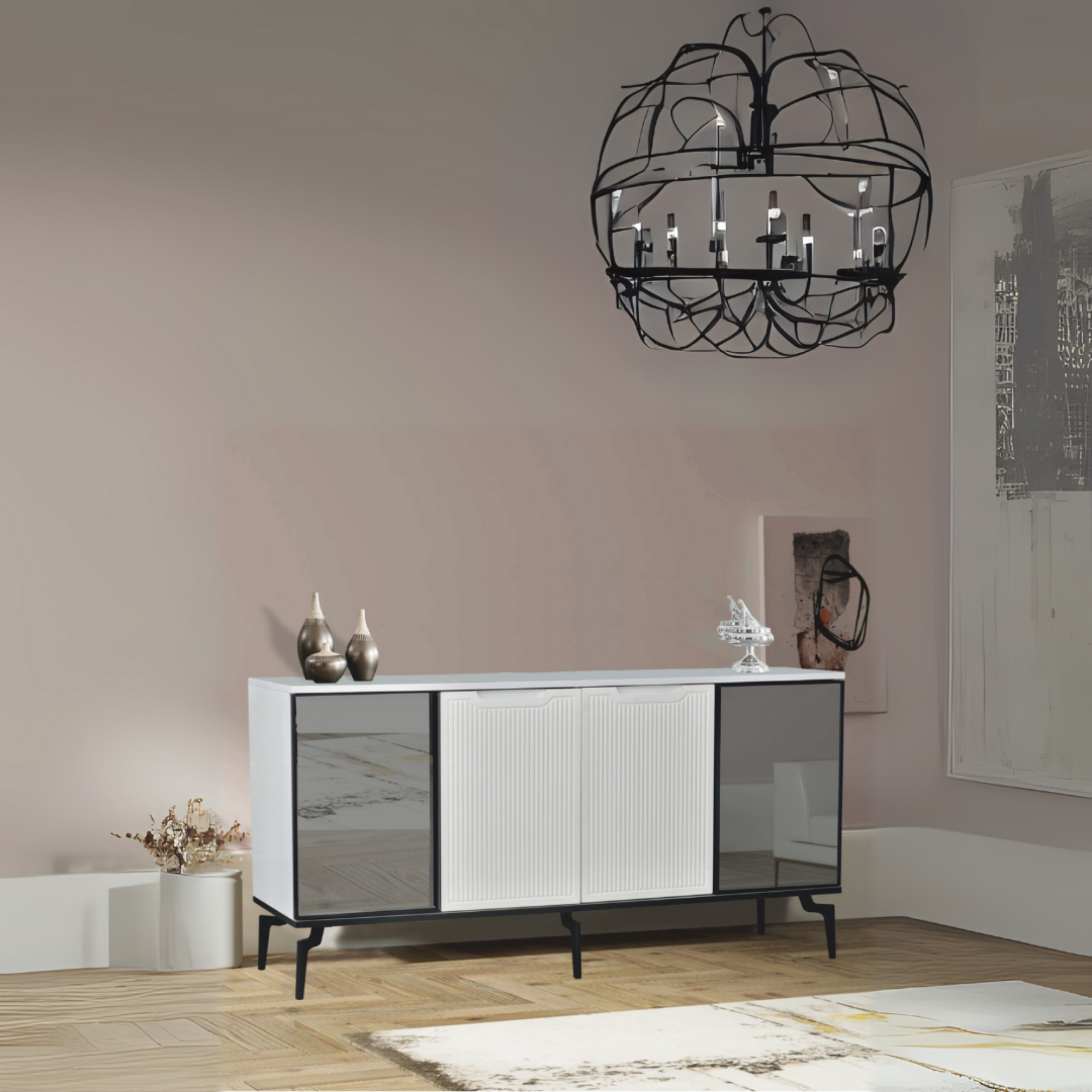 Viva Camlı Konsol Beyaz Aynalı 4 Kapaklı Raflı 160x80x43,5 Cm