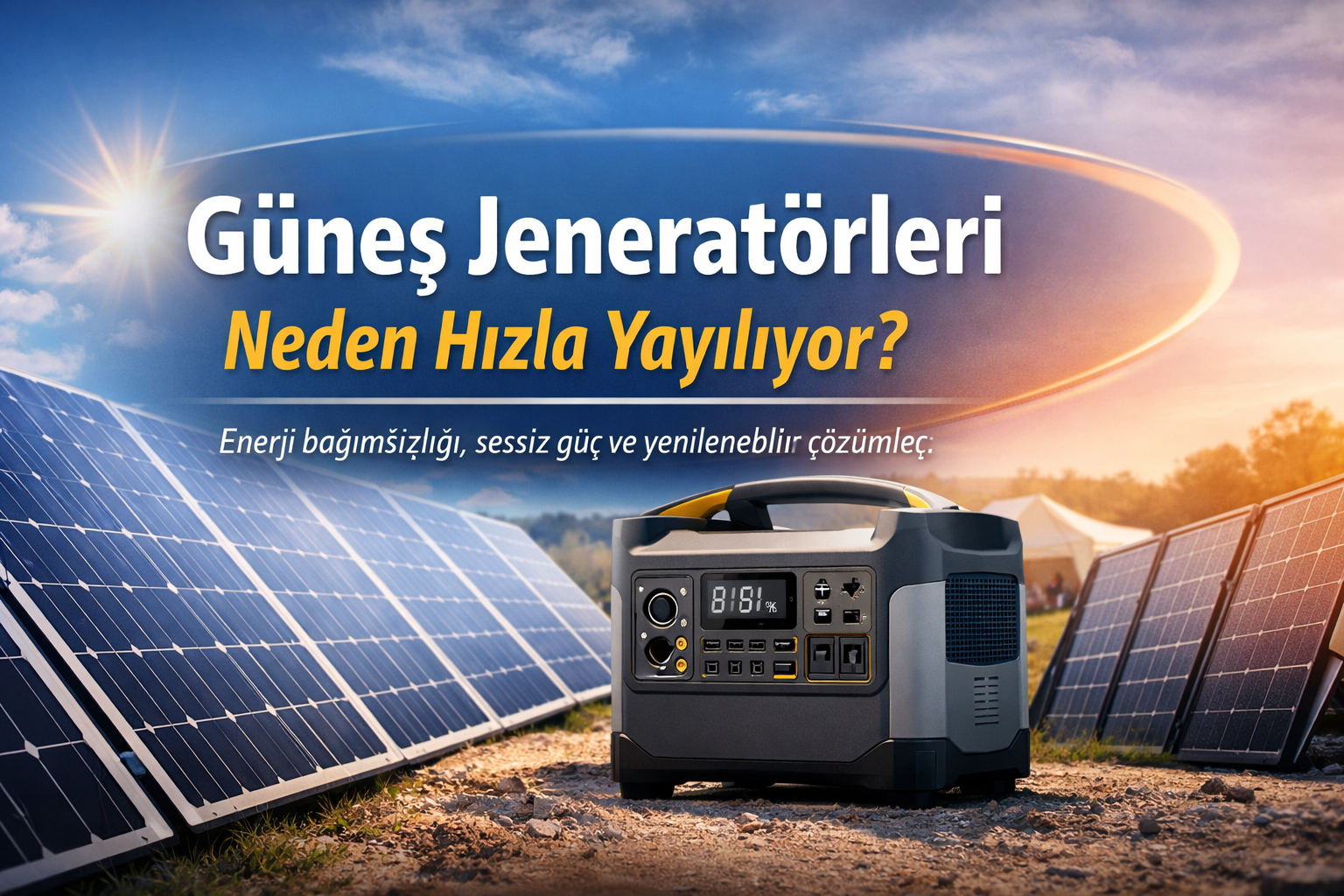 Güneş jeneratörleri ve taşınabilir güç kaynaklarının yükselişini anlatan kapak görseli