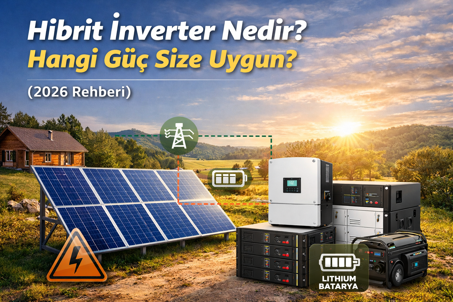 Hibrit inverter nedir güneş paneli ve batarya ile çalışan enerji sistemi görseli