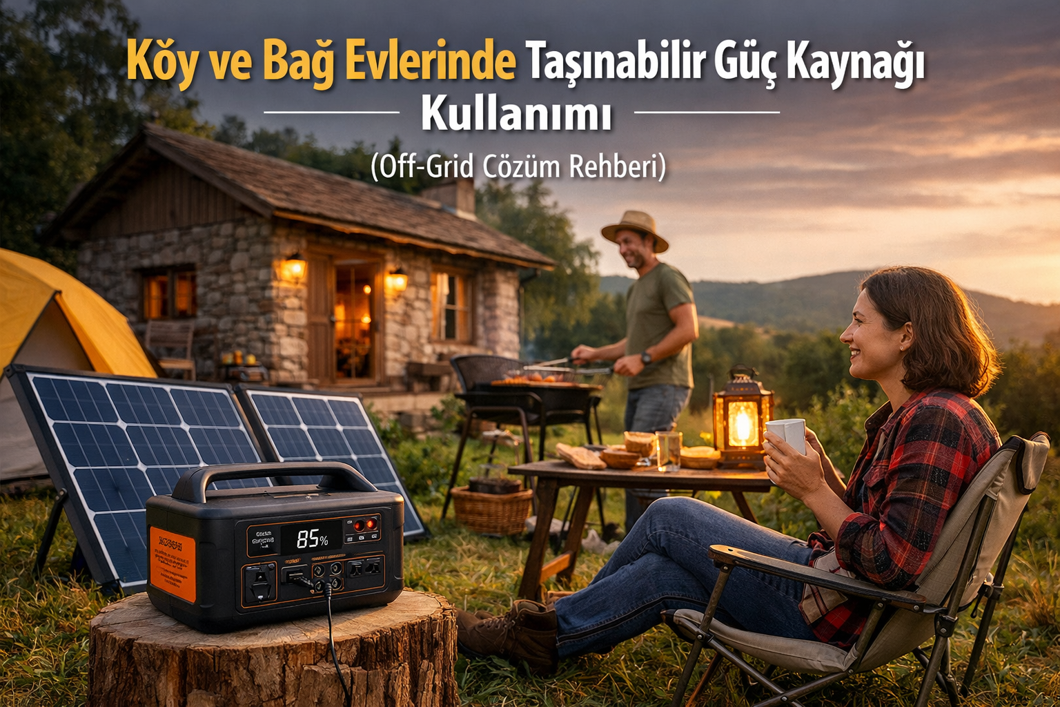 Köy ve bağ evlerinde off-grid kullanım için taşınabilir güç kaynağı ve güneş paneli ile elektrik çözümü