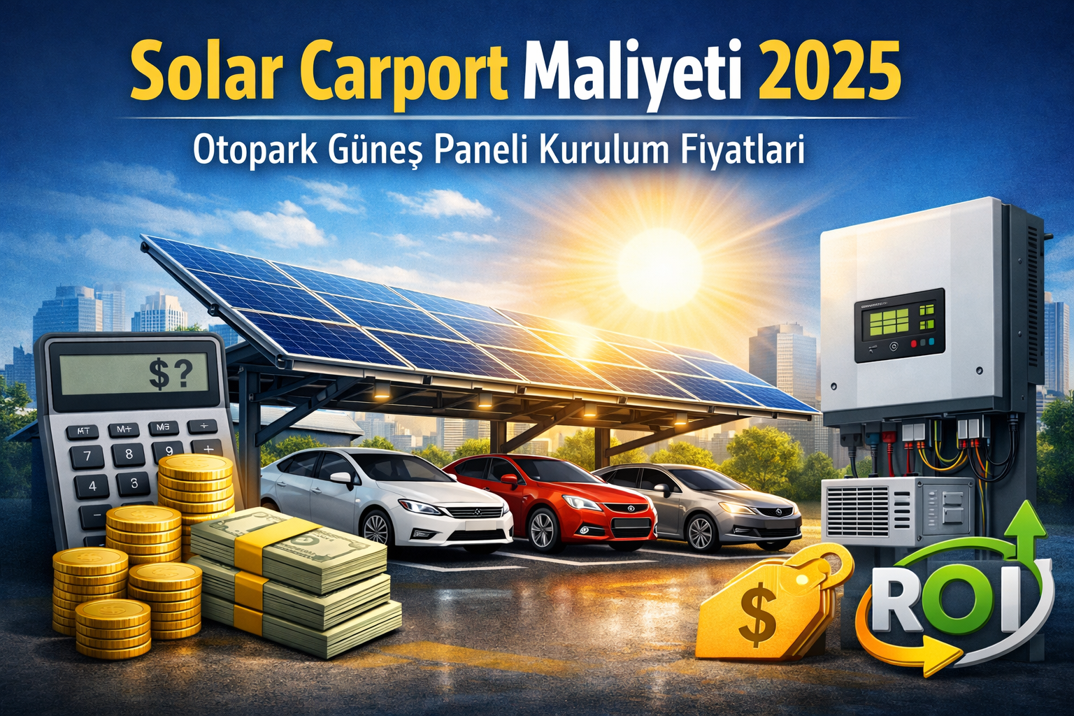 solar carport sistemi ile otopark üzerine kurulan güneş panelleri ve elektrik üretim yapısı