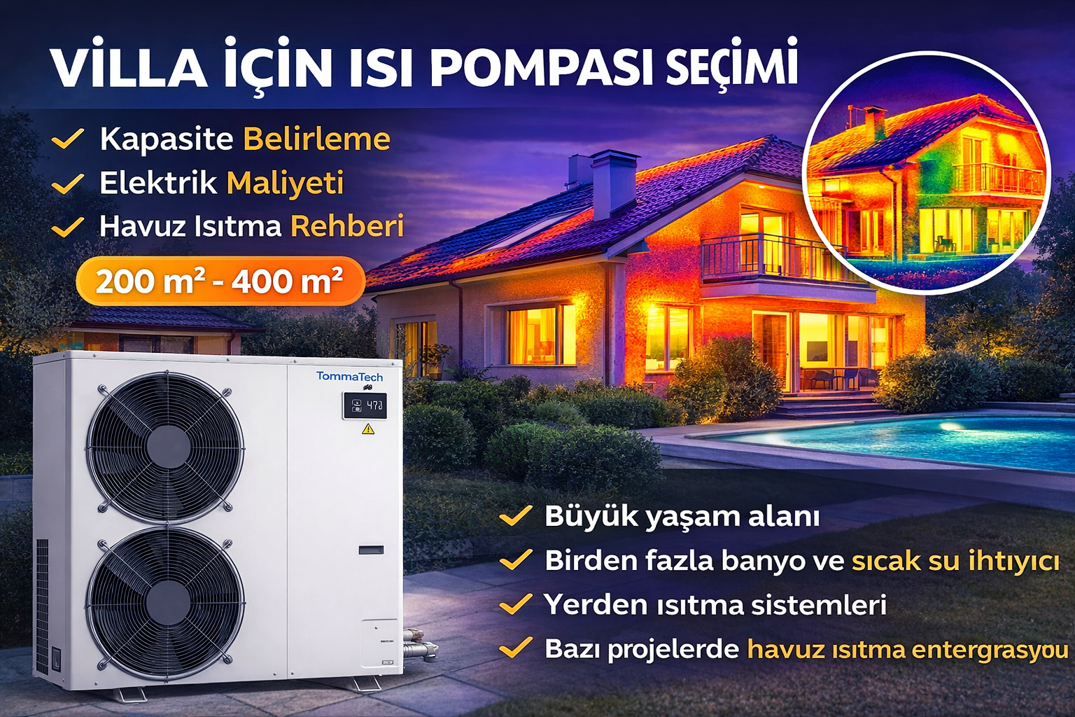 Villa tipi konut için dış mekâna kurulmuş yüksek kapasiteli ısı pompası sistemi