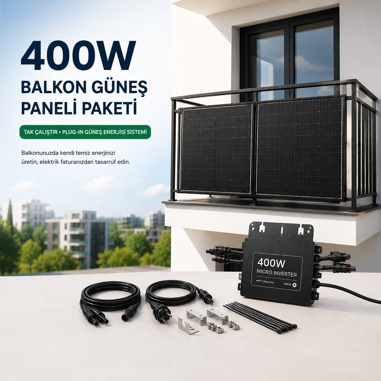 **ALT text:** `400W tak çalıştır balkon güneş paneli paketi ile mikro inverter ve montaj ekipmanları`