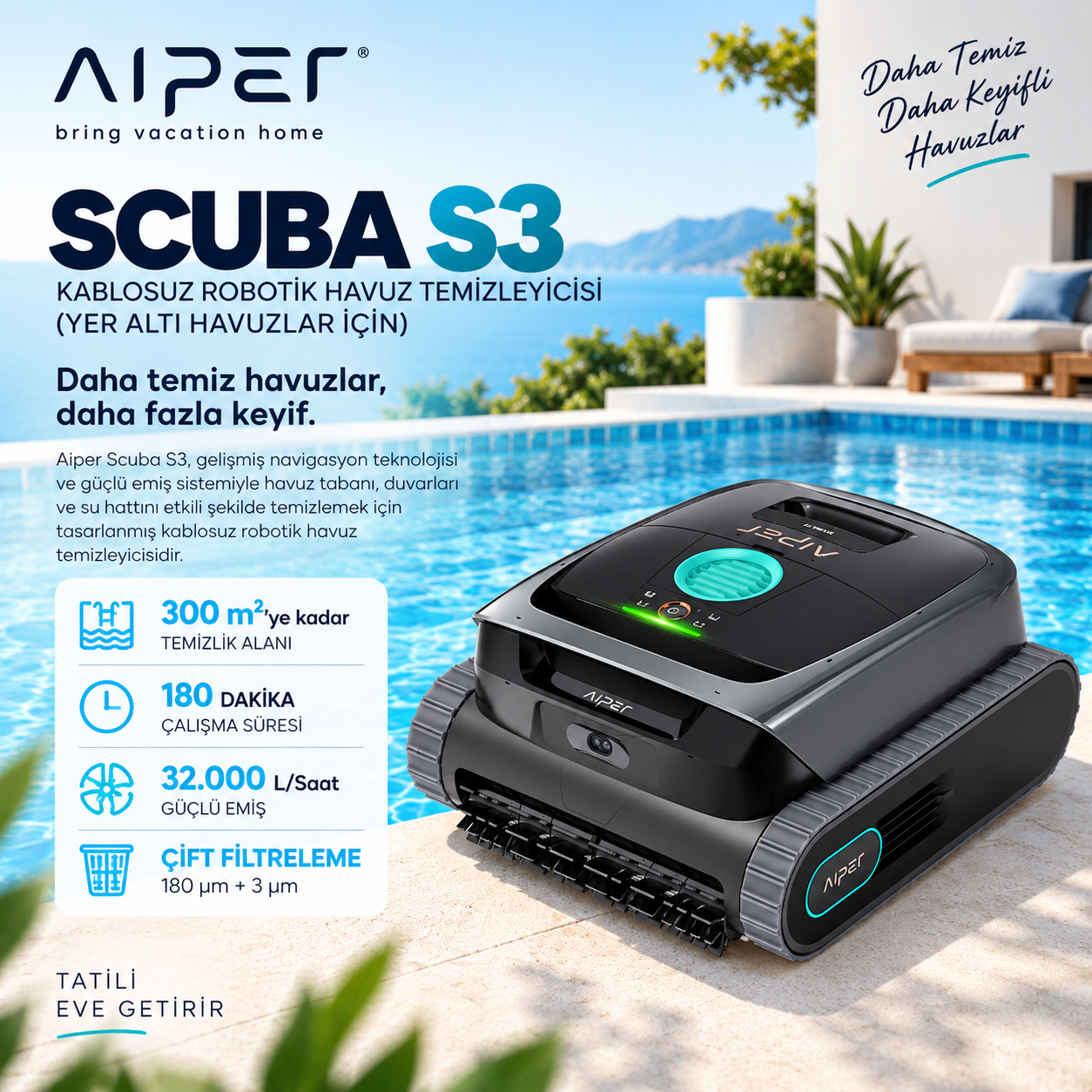 Aiper Scuba S3 kablosuz robotik havuz temizleyicisi, havuz kenarında ürün ve temel temizlik özellikleriyle