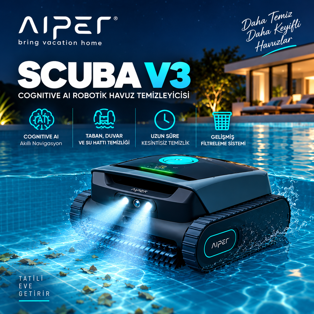 Aiper Scuba V3 kablosuz robotik havuz temizleyicisi havuz içerisinde zemin ve duvar temizliği yaparken