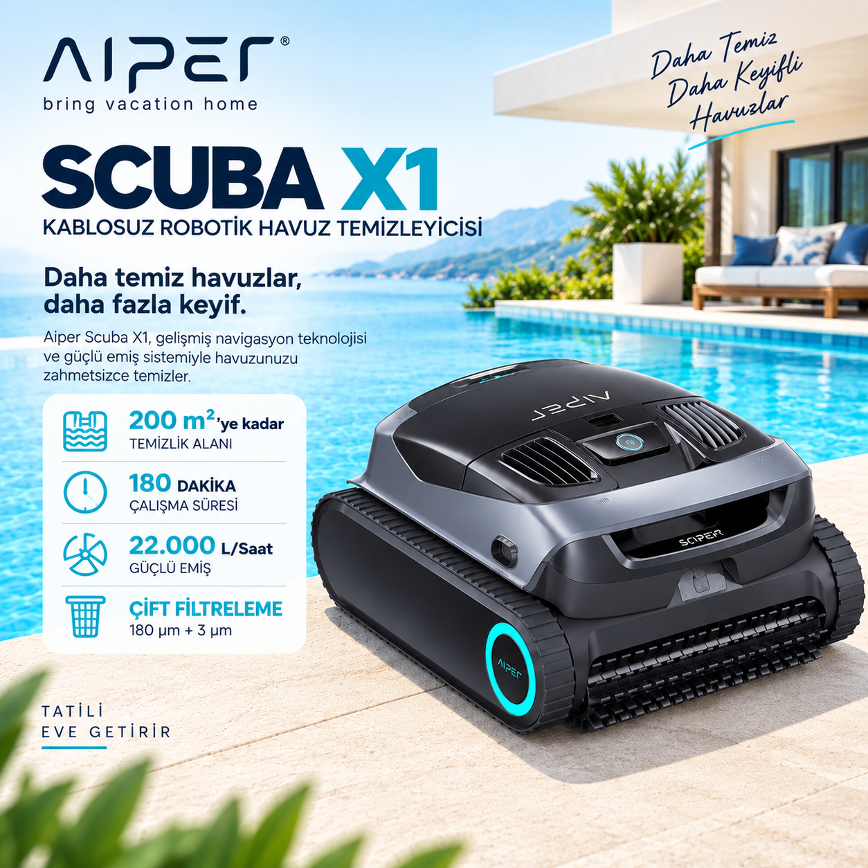 Aiper Scuba X1 kablosuz robotik havuz temizleyicisi ile havuz tabanı temizliği