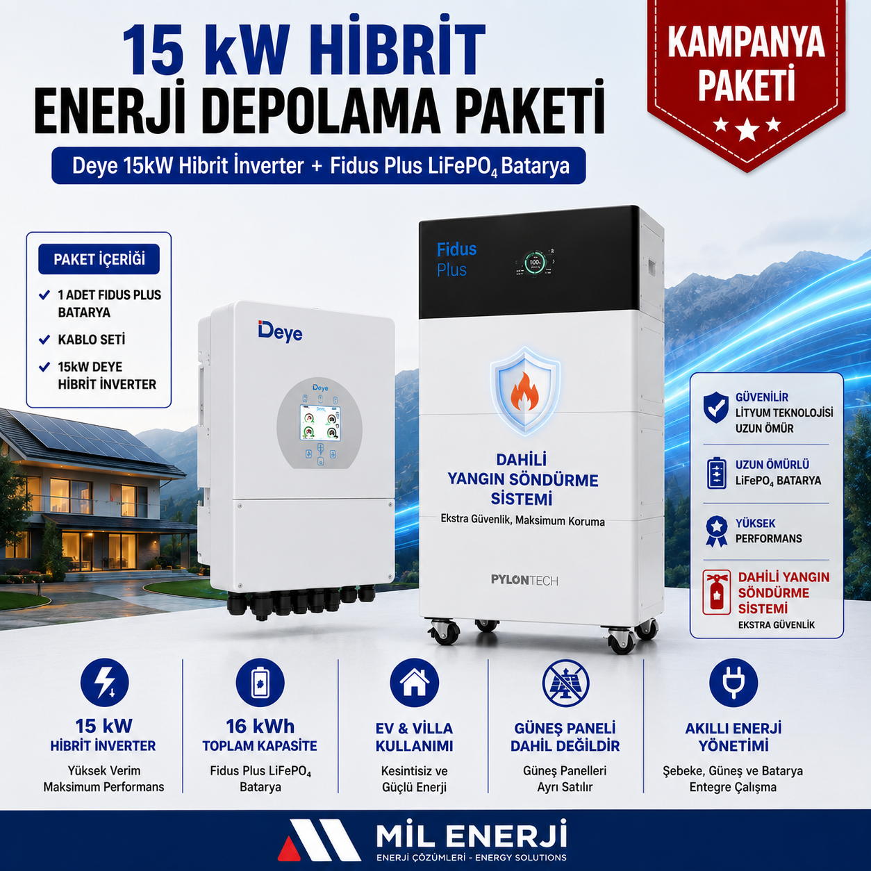 Deye 15 kW hibrit inverter ve 16 kWh Pylontech Fidus Plus LiFePO4 bataryadan oluşan enerji depolama paketi. Dahili yangın söndürme sistemine sahip, ev, villa ve ticari uygulamalar için güvenli hibrit güneş enerjisi çözümü.