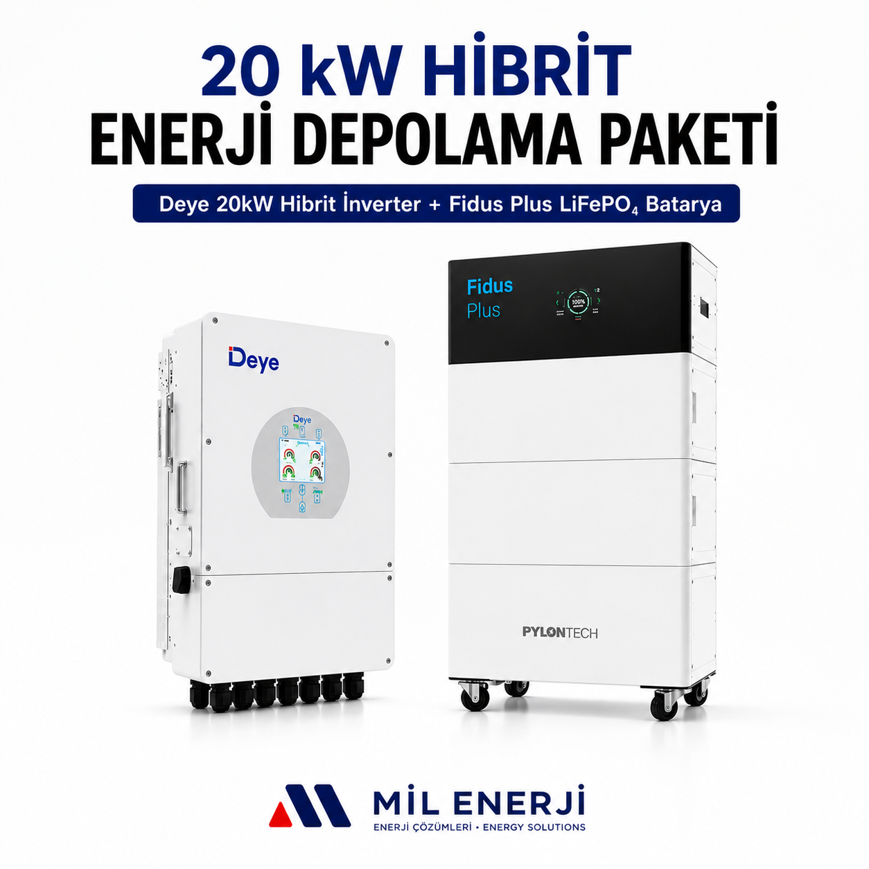 Deye 20 kW hibrit inverter ve Fidus Plus LiFePO4 batarya içeren enerji depolama paketi