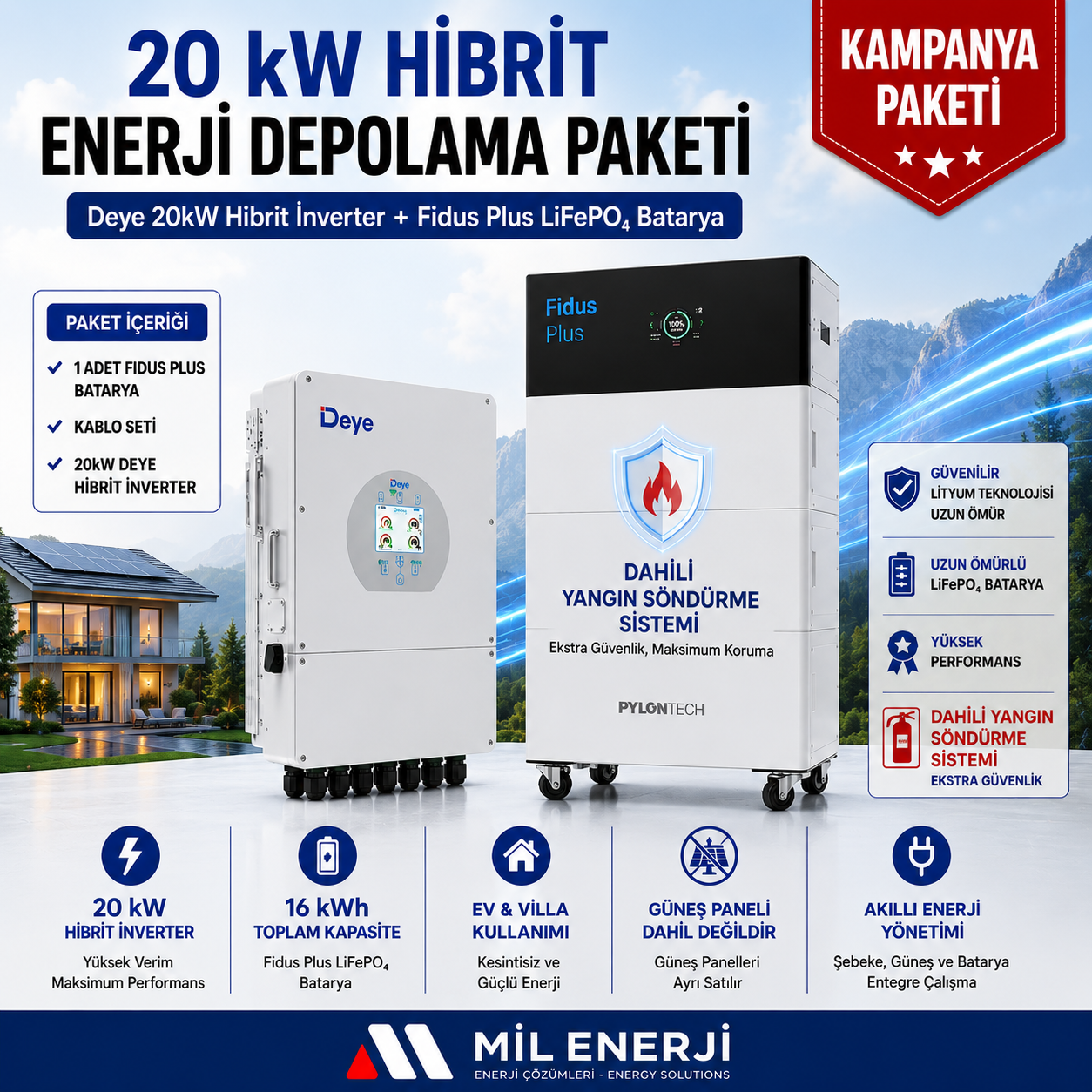 Deye 20 kW hibrit inverter ve 16 kWh Pylontech Fidus Plus LiFePO4 bataryadan oluşan enerji depolama paketi. Dahili yangın söndürme sistemine sahip, akıllı BMS destekli, ev, villa ve ticari uygulamalar için güvenli hibrit güneş enerjisi çözümü.