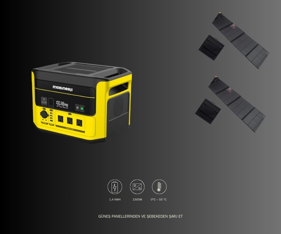 HIZLI ŞARJ Mobinerji 1500W Taşınabilir Güç Kaynağı ve 400W Katlanabilir Güneş Paneli