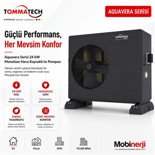 TommaTech Aquavera Serisi 24 kW monofaze hava kaynaklı ısı pompası ön görünüm ürün görseli