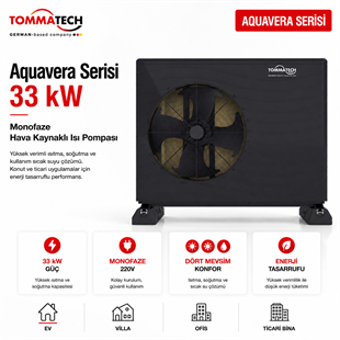 TommaTech Aquavera Serisi 33 kW monofaze hava kaynaklı ısı pompası ön görünüm ürün görseli
