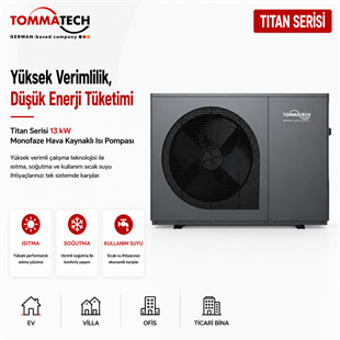 TommaTech Titan Serisi 13 kW monofaze hava kaynaklı ısı pompası ön görünüm ürün görseli