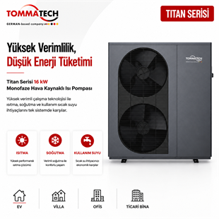 TommaTech Titan Serisi 16 kW monofaze hava kaynaklı ısı pompası ön görünüm ürün görseli
