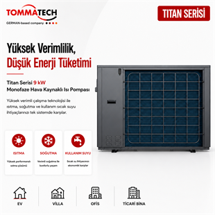 TommaTech Titan Serisi 9 kW monofaze hava kaynaklı ısı pompası arka görünüm tanıtım görseli