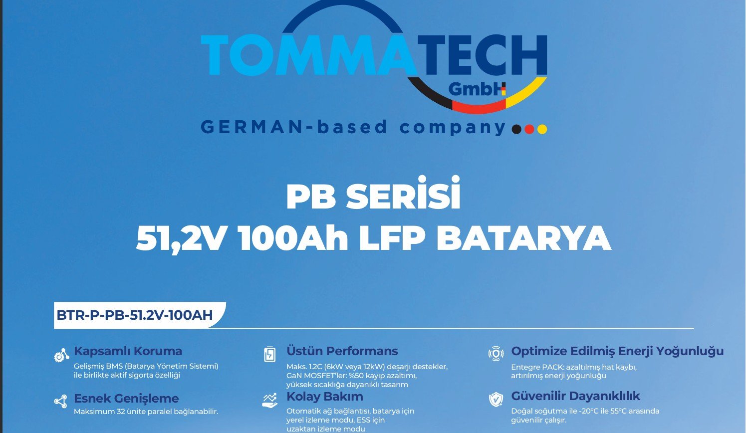 TommaTech PB Serisi 51.2V 100Ah lityum batarya – hibrit enerji sistemleri için uyumlu