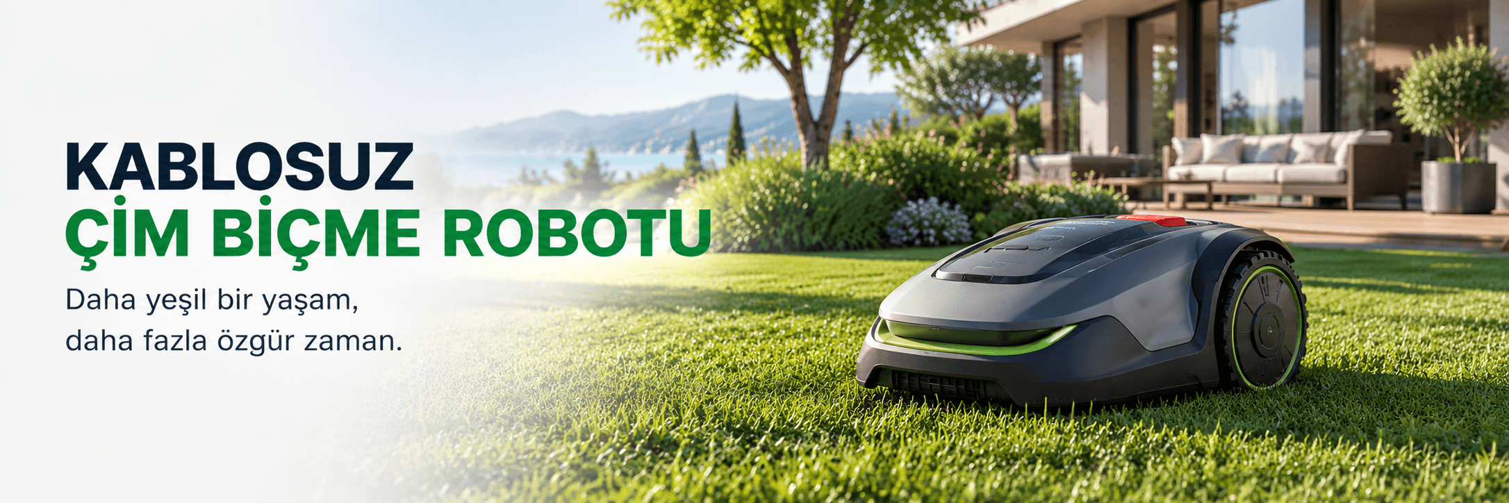 Kablosuz çim biçme robotu ile modern bahçelerde otomatik ve zahmetsiz çim bakımı çözümü.