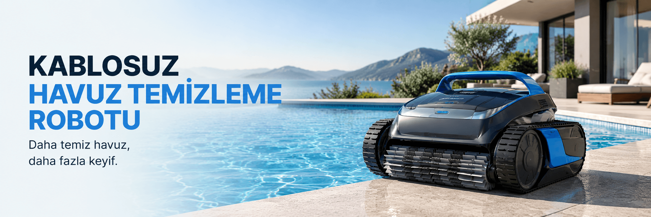 Kablosuz havuz temizleme robotu ile modern villa havuzunda otomatik ve pratik havuz temizleme çözümü.