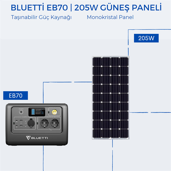 Bluetti EB70 Taşınabilir Güç Kaynağı | 205W Monokristal Güneş Paneli